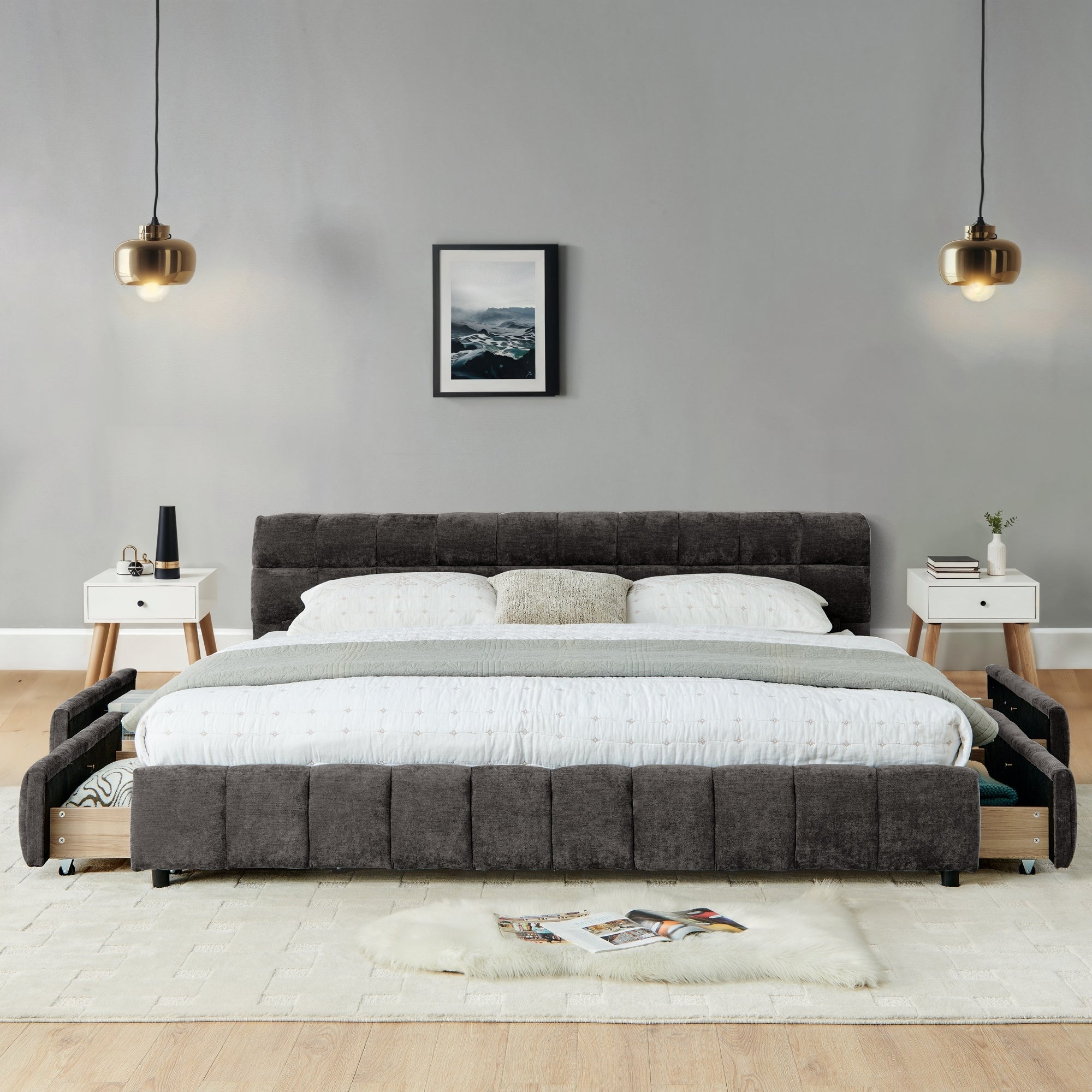 California King Size Upholstered Chenille Bed With Headboard And Storage Drawer