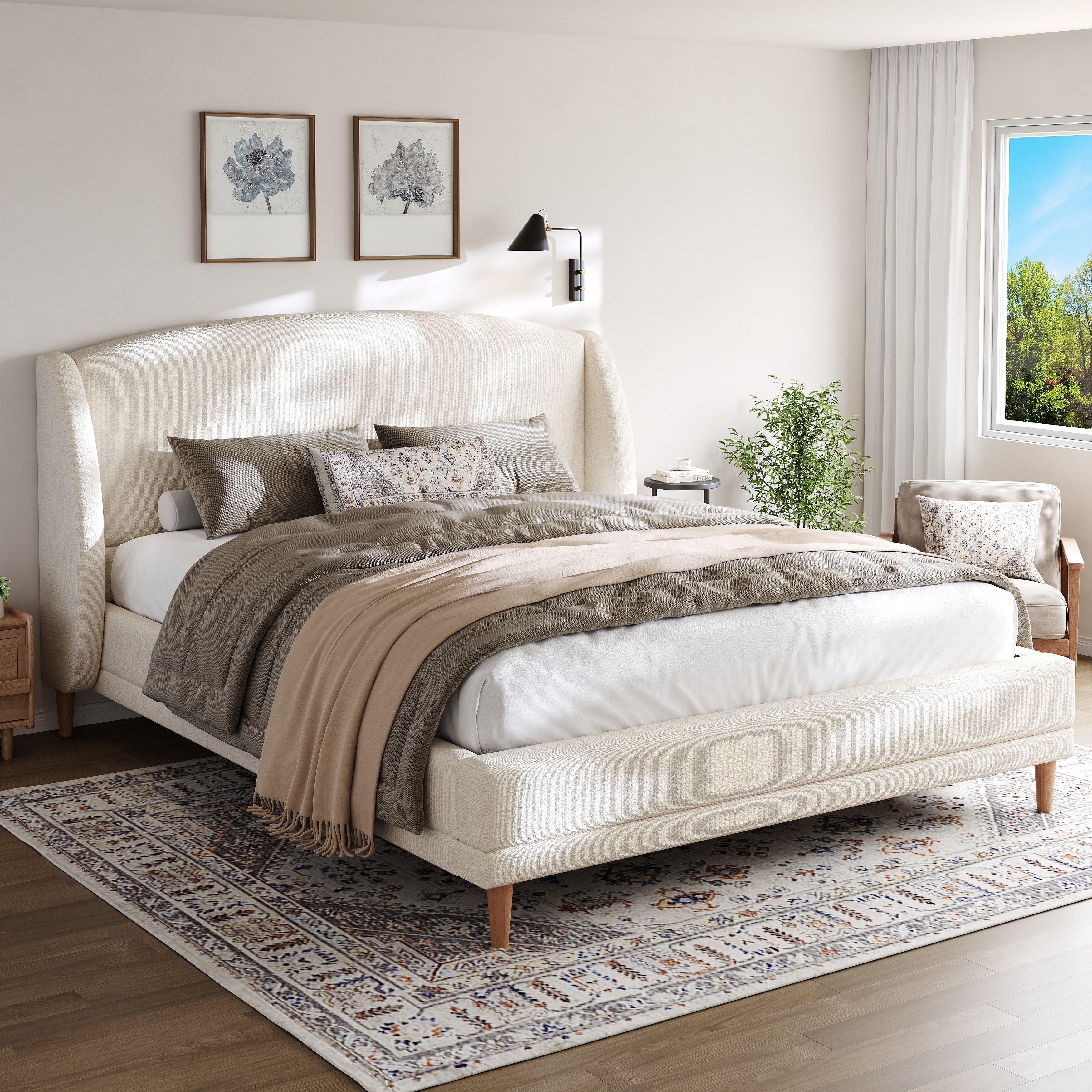 California King Upholstered Bed Frame With Boucle Fabric Wingback Headboard Solid Wood Legs White