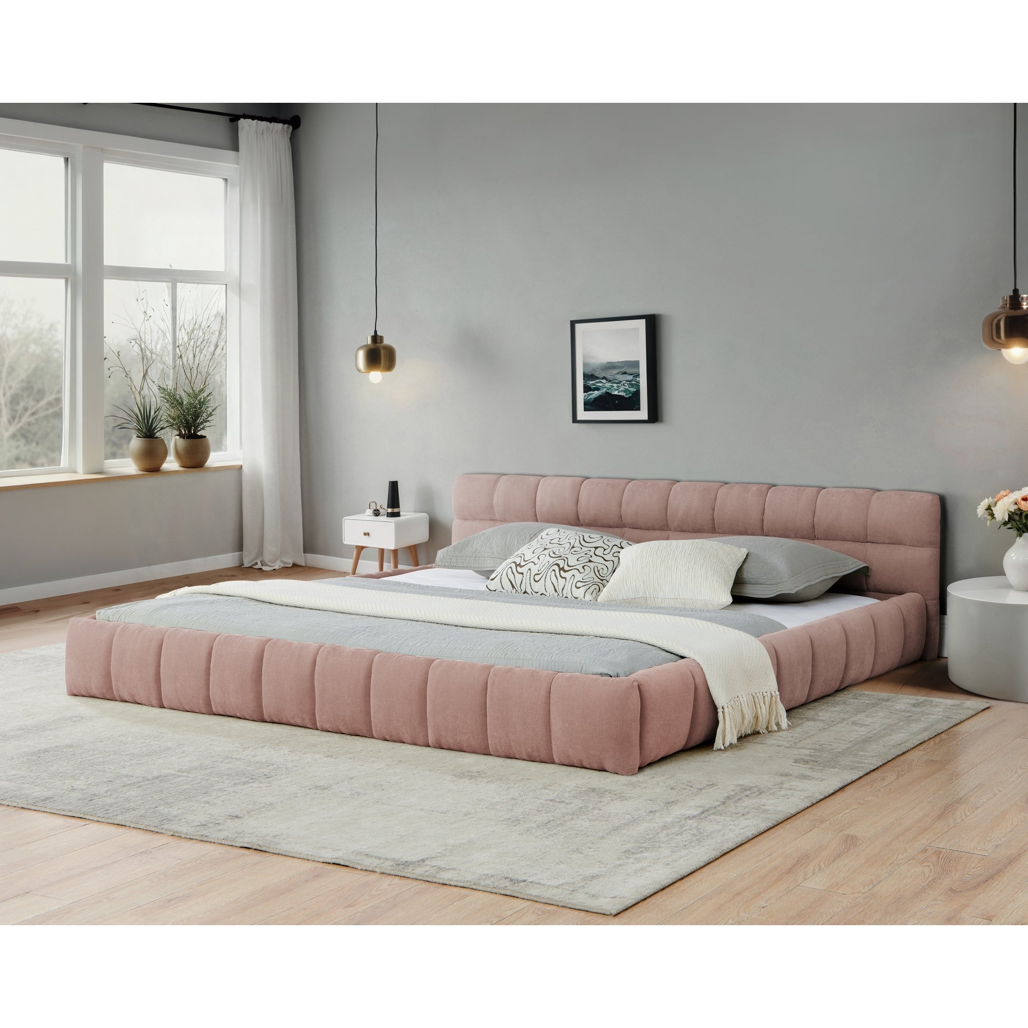 California King Size Upholstered Bed Frame With With Headboard And Solid Frame