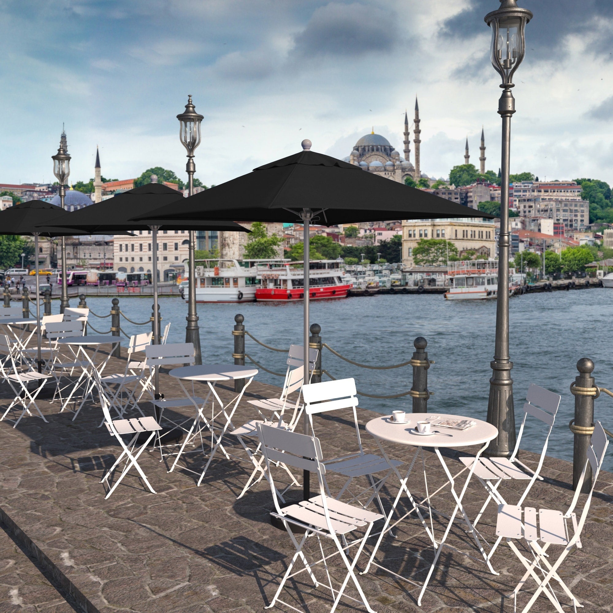 California Umbrella 6 Sq. Aluminum Frame Fiberglass Rib Market Umbrella Push Open Anodized Sliver Finish Sunbrella Fabric