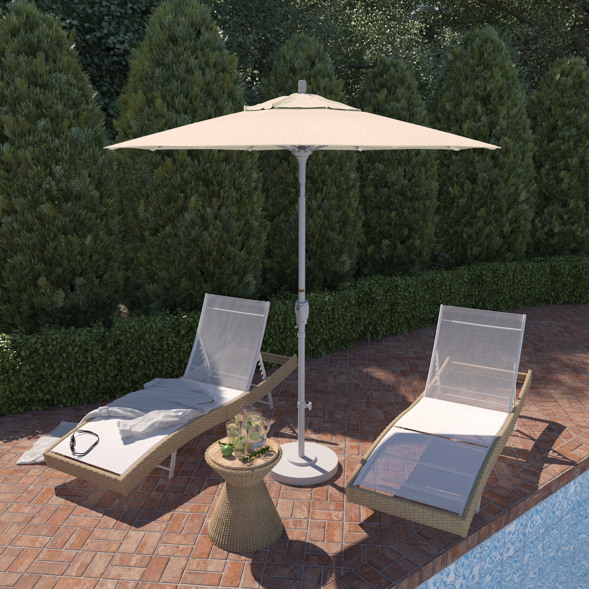 California Umbrella 7.5 Rd. Aluminum Market Umbrella Crank Lift With Push Button Tilt White Finish Olefin Fabric