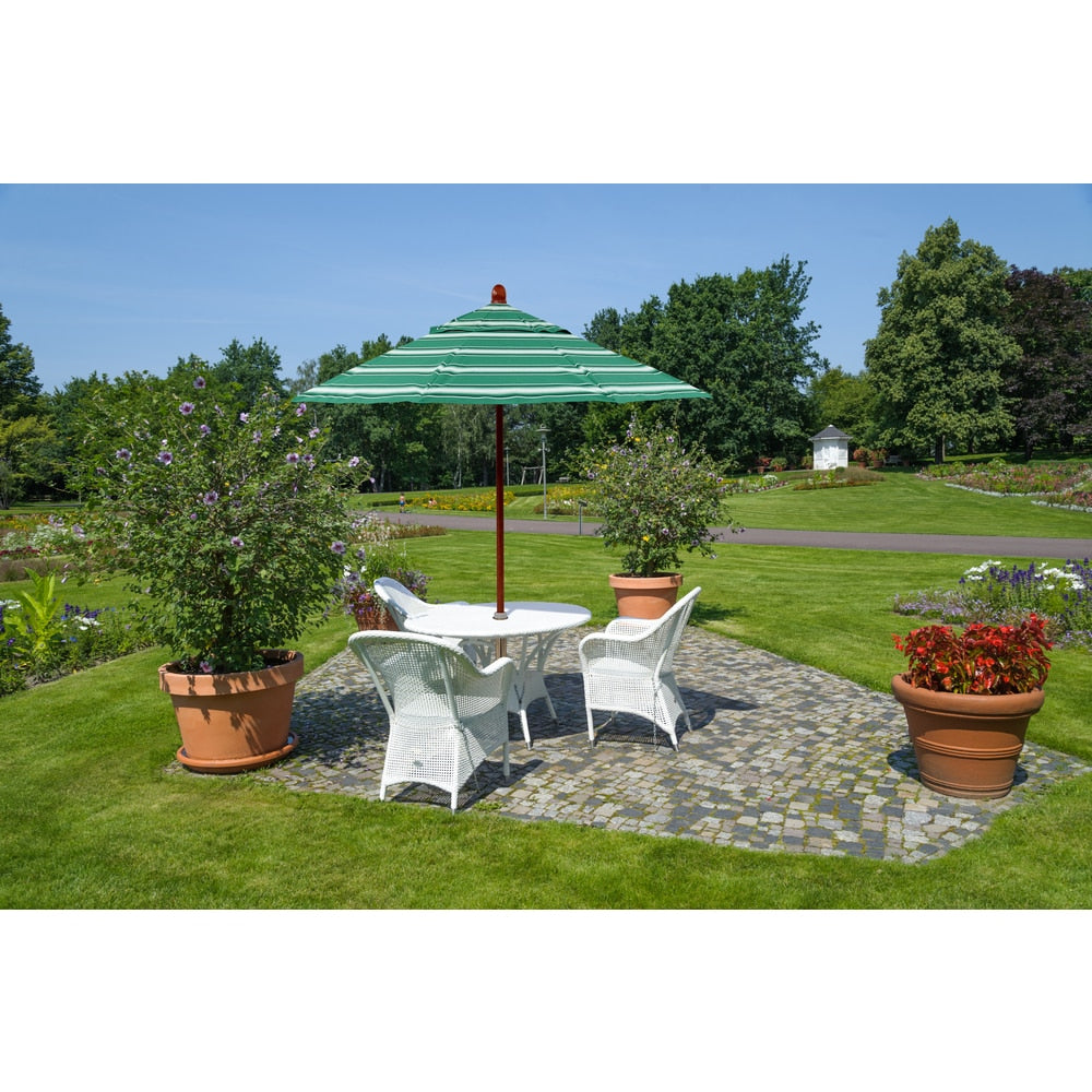 California Umbrella 9 Round Marenti Wood Frame Market Umbrella Push Open Stained Natural Wood Finish Pacifica Fabric