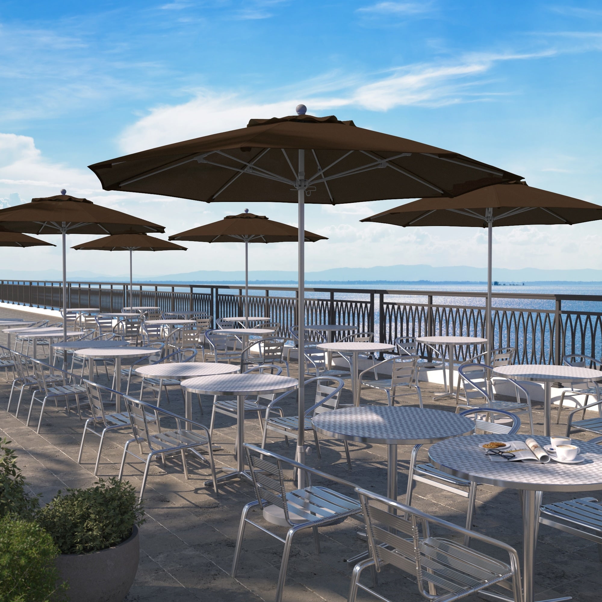 California Umbrella 9 Rd. Aluminum Frame Fiberglass Rib Market Umbrella Push Open Anodized Silver Finish Sunbrella Fabric