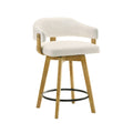 Callah Natural Wood Bar Stool Counter Height Kitchen Stool In Amber Glow Finish With White Boucle Fabric Upholstered Seat