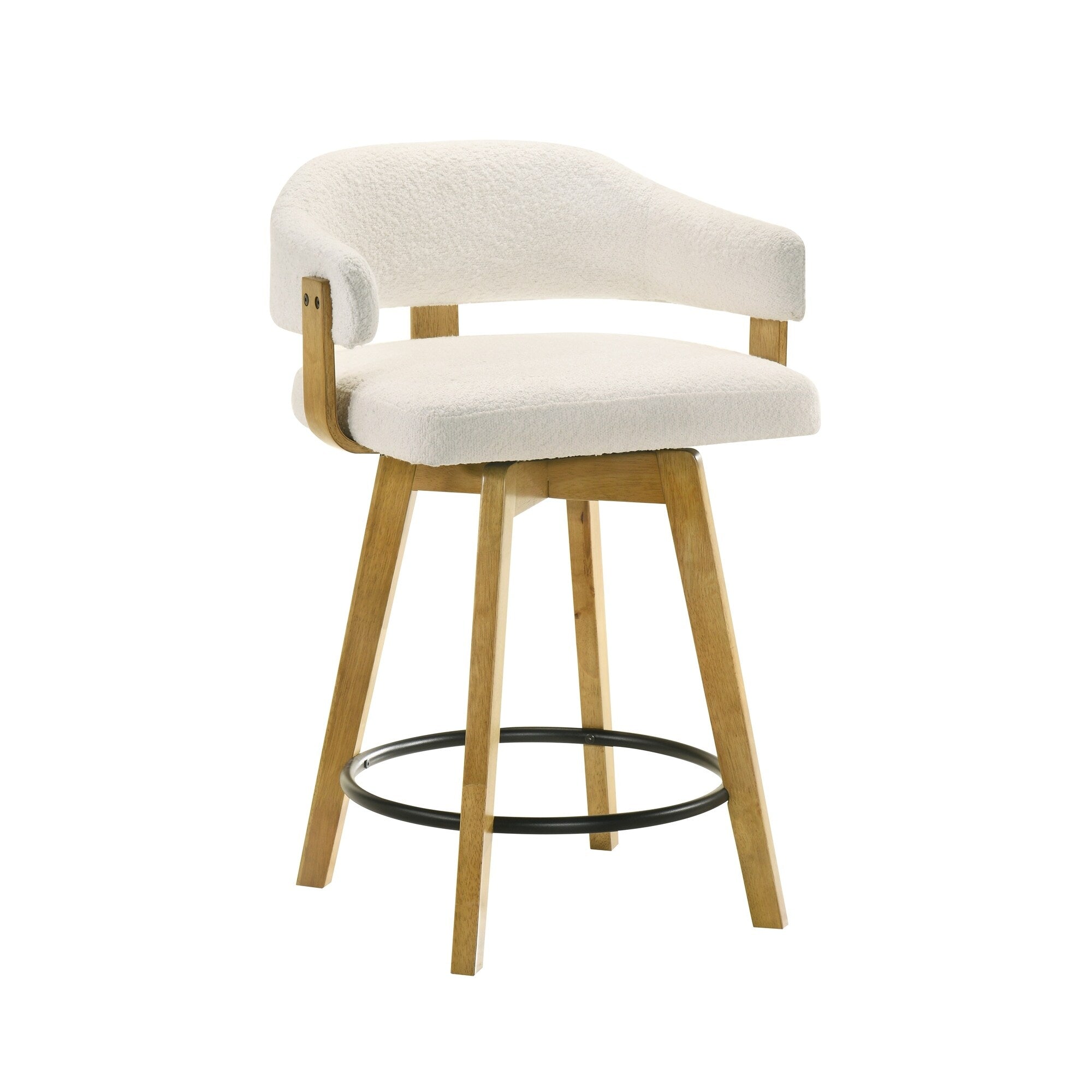 Callah Natural Wood Bar Stool Counter Height Kitchen Stool In Amber Glow Finish With White Boucle Fabric Upholstered Seat