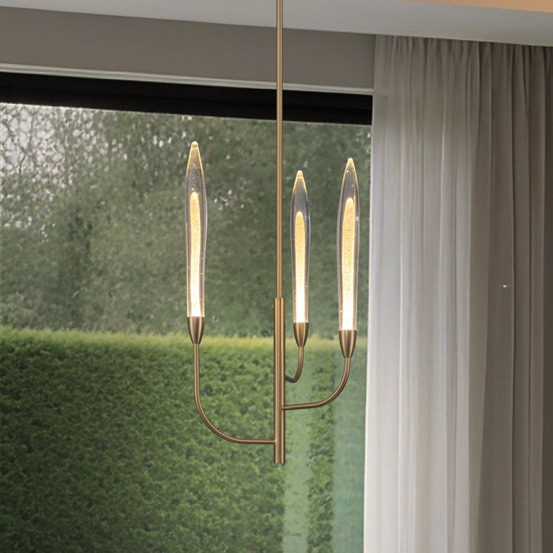 Calle 16 Inch 3 Light Brass Led Chandelier With Gold Leaf Hand Pressed Glass Shades L 16 X W 16 X H 26.75 X M H 70.25