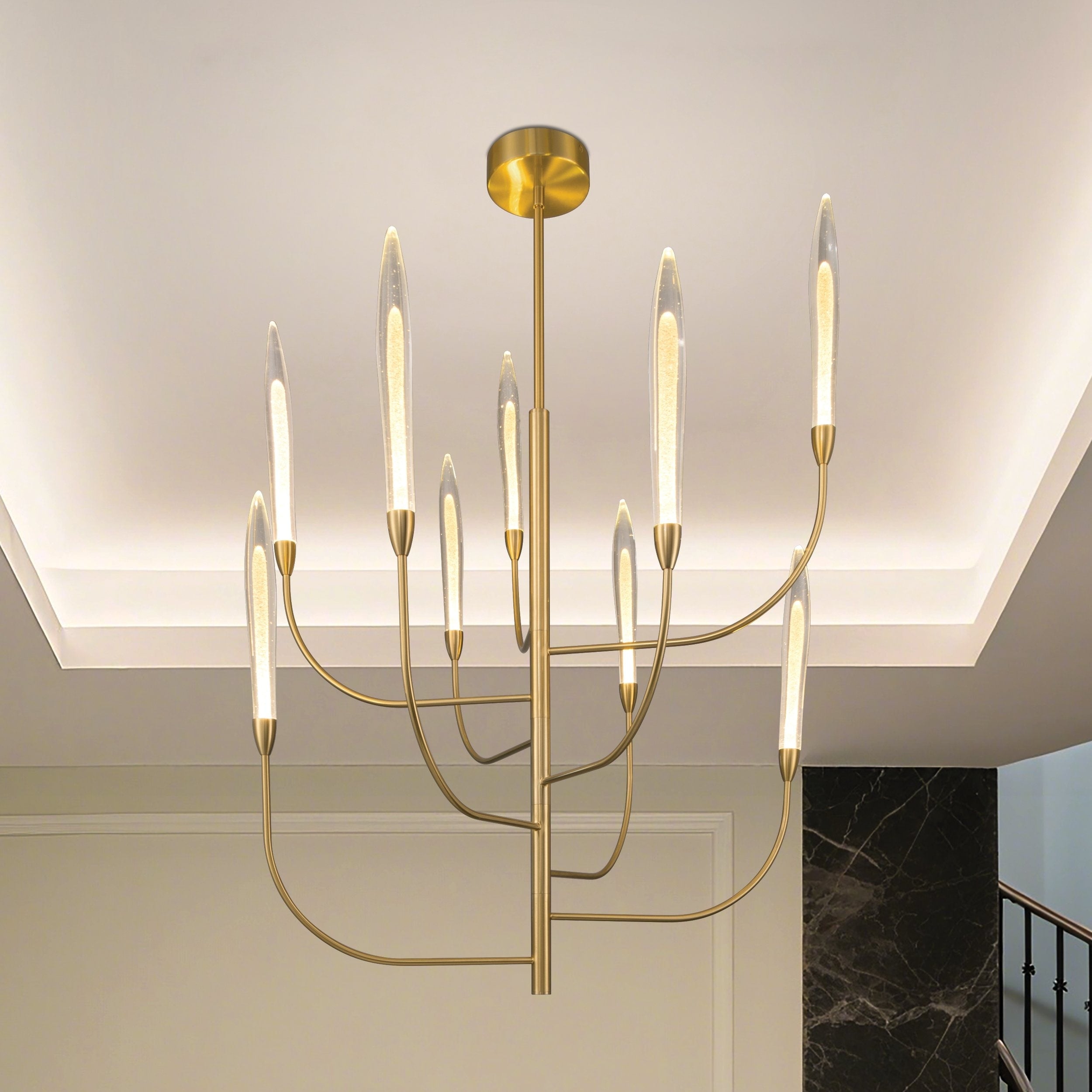 Calle 36 Inch 9 Light Brass Led Chandelier With Gold Leaf Hand Pressed Glass Shades L 36 X W 36 X H 48.75 X M H 92.75