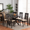 Callie Sand Fabric And Dark Brown Finished Wood 7 Piece Dining Set