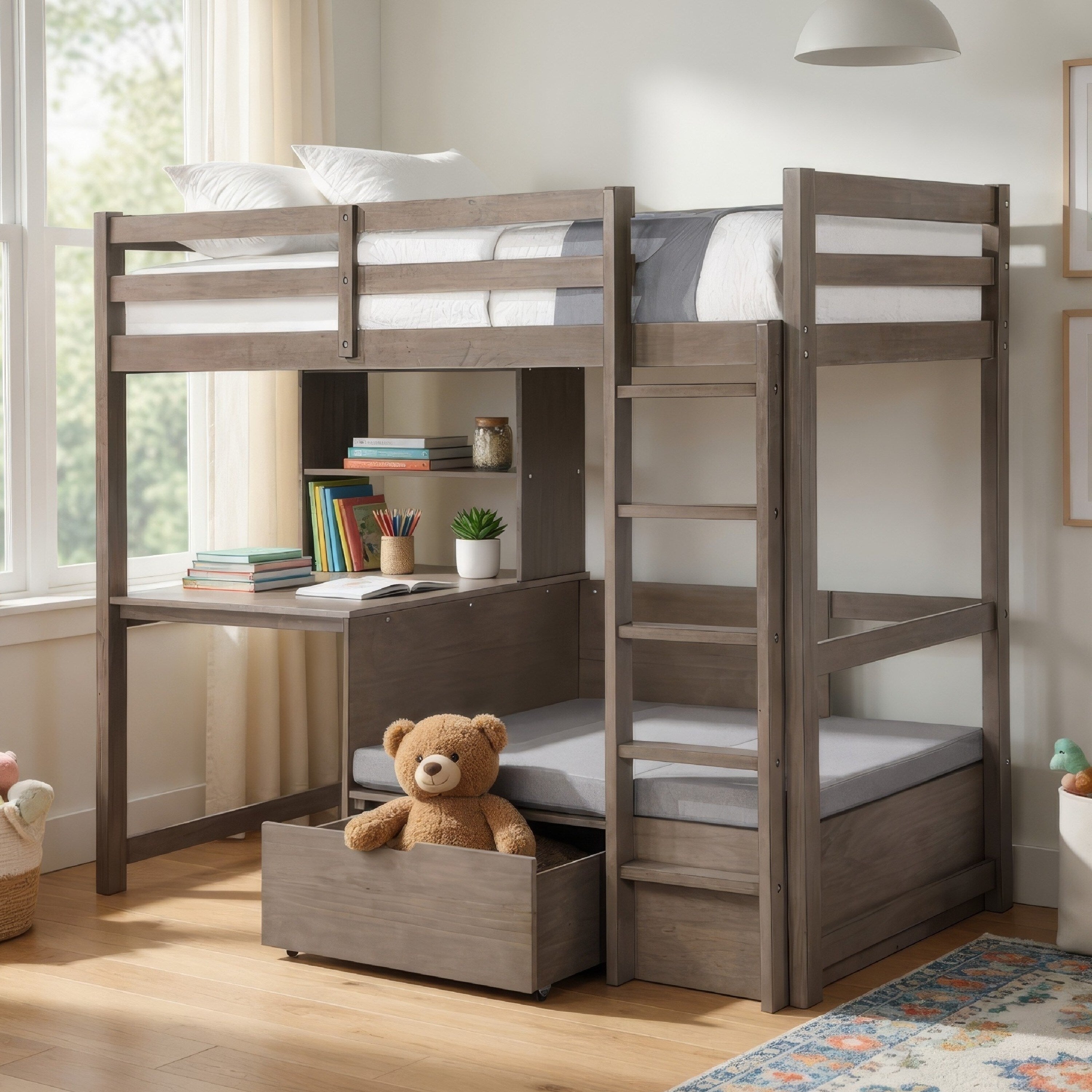 Cally Twin Loft Bed With Workstation Storage And Guardrails Gray