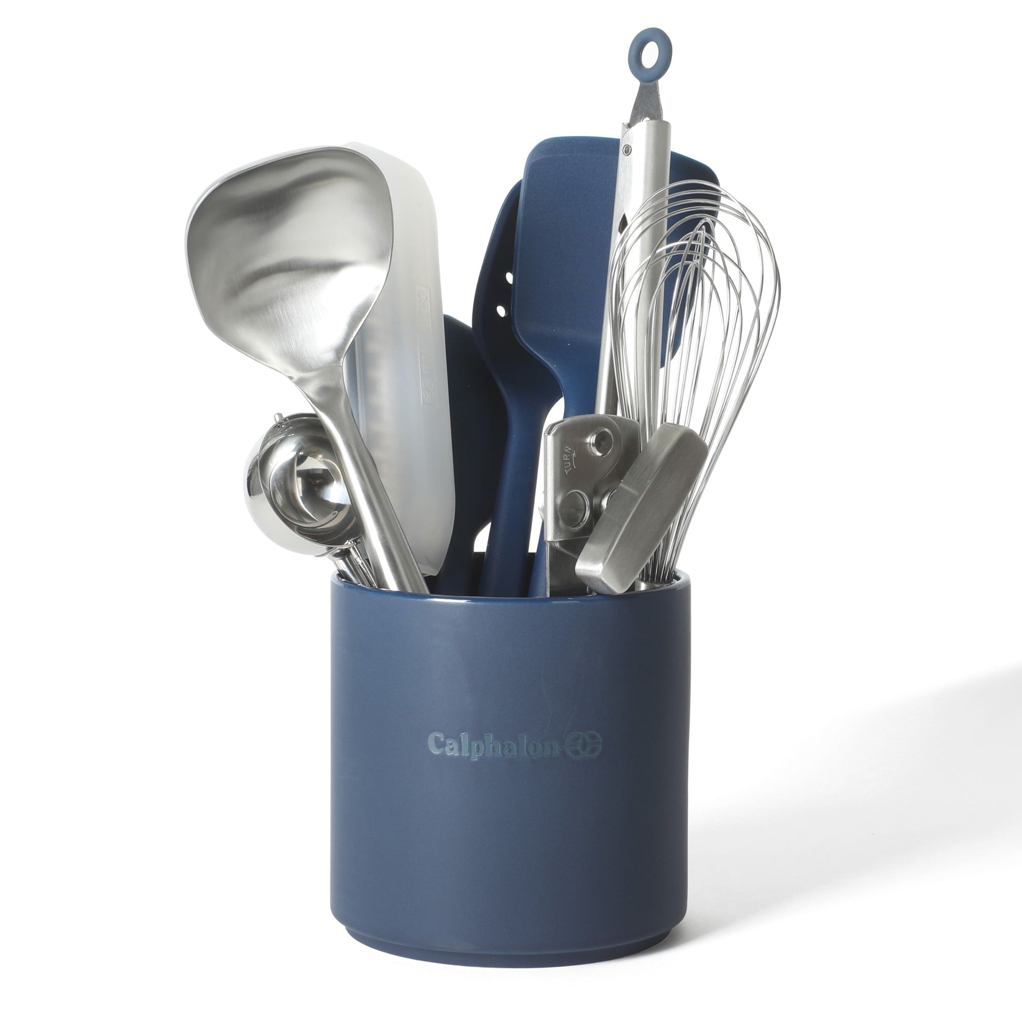 Calphalon Edge Kitchen Utensil Set With Crock 10 Piece Silicone Stainless Steel Tools Navy Blue