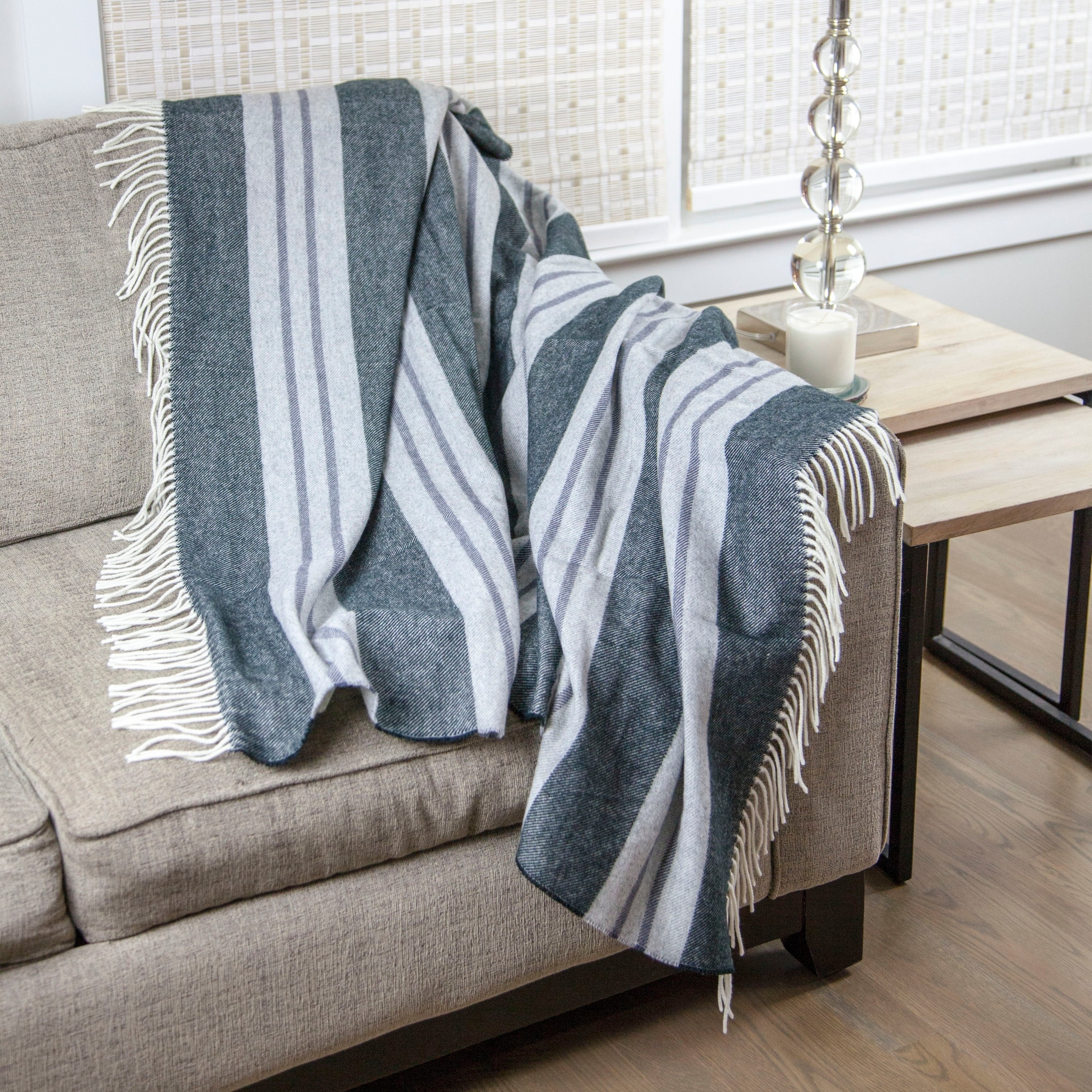 Calyx Interiors Classic Striped Lambswool Blend Throw Blankets Charcoal Gray With White Fringe