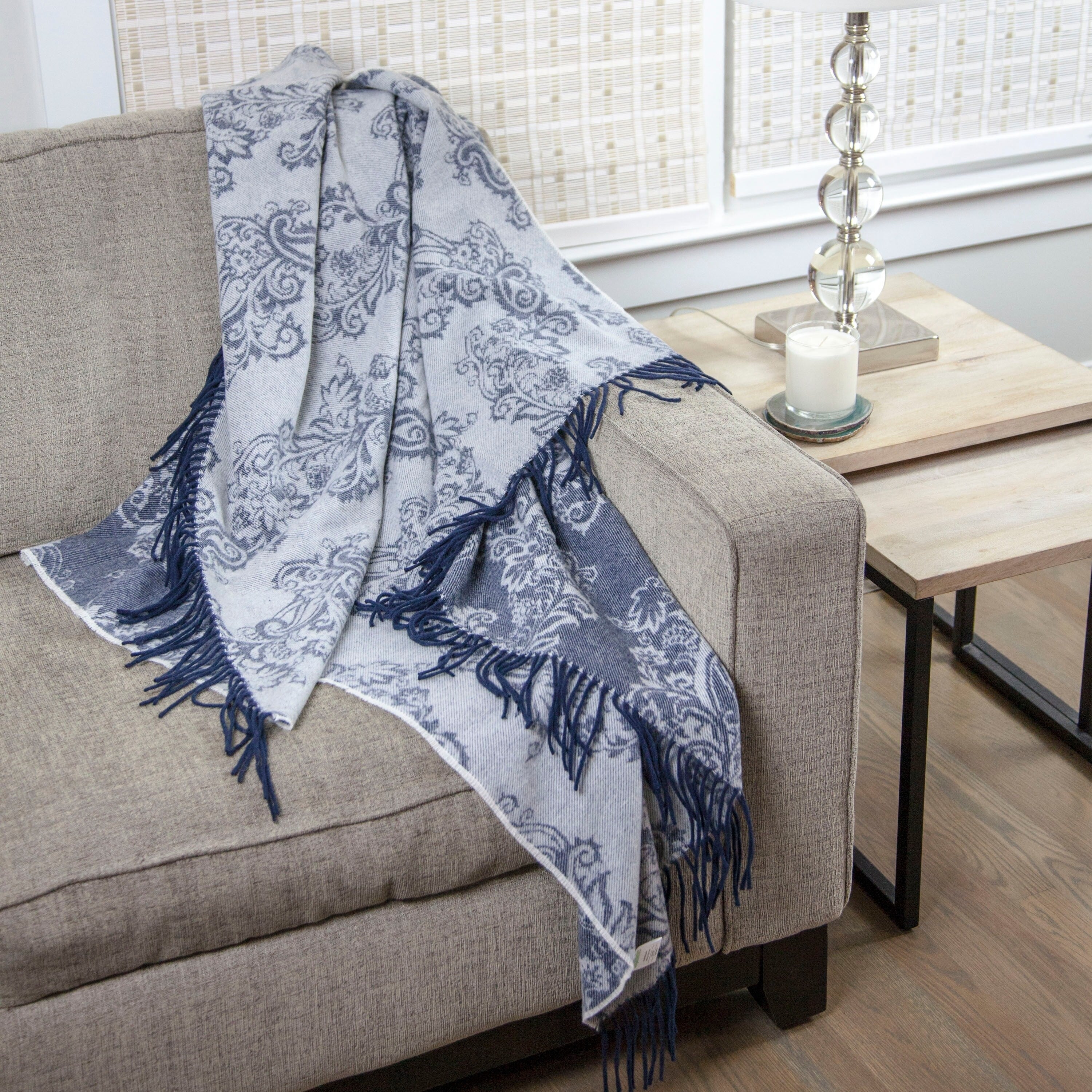 Calyx Interiors Damask Lambswool Blend Throw Blankets Navy Gray With Navy Fringe