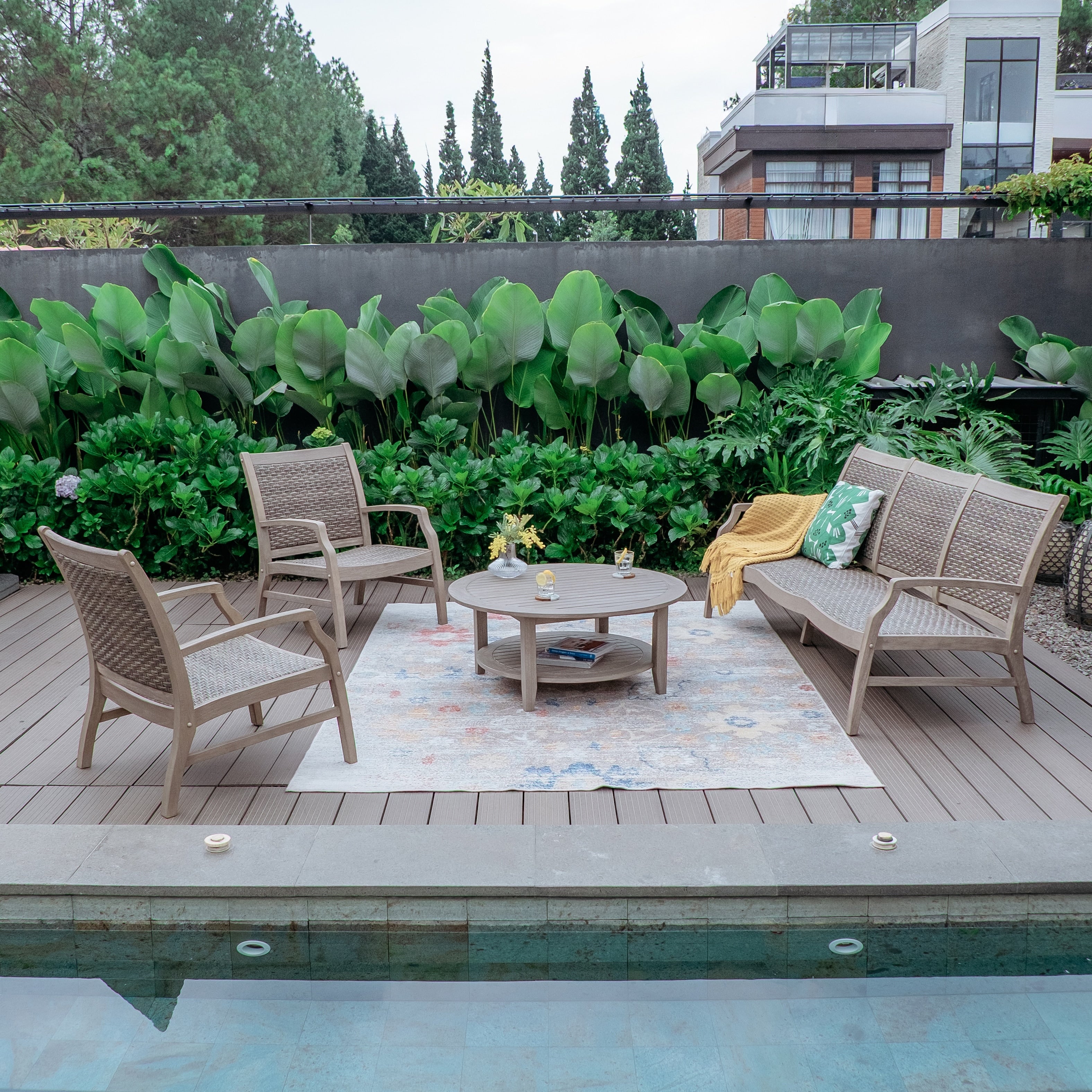 Cambridge Casual Camden Indonesian Teak 4 Piece Patio Conversation Set With Wicker Chairs And Sofa