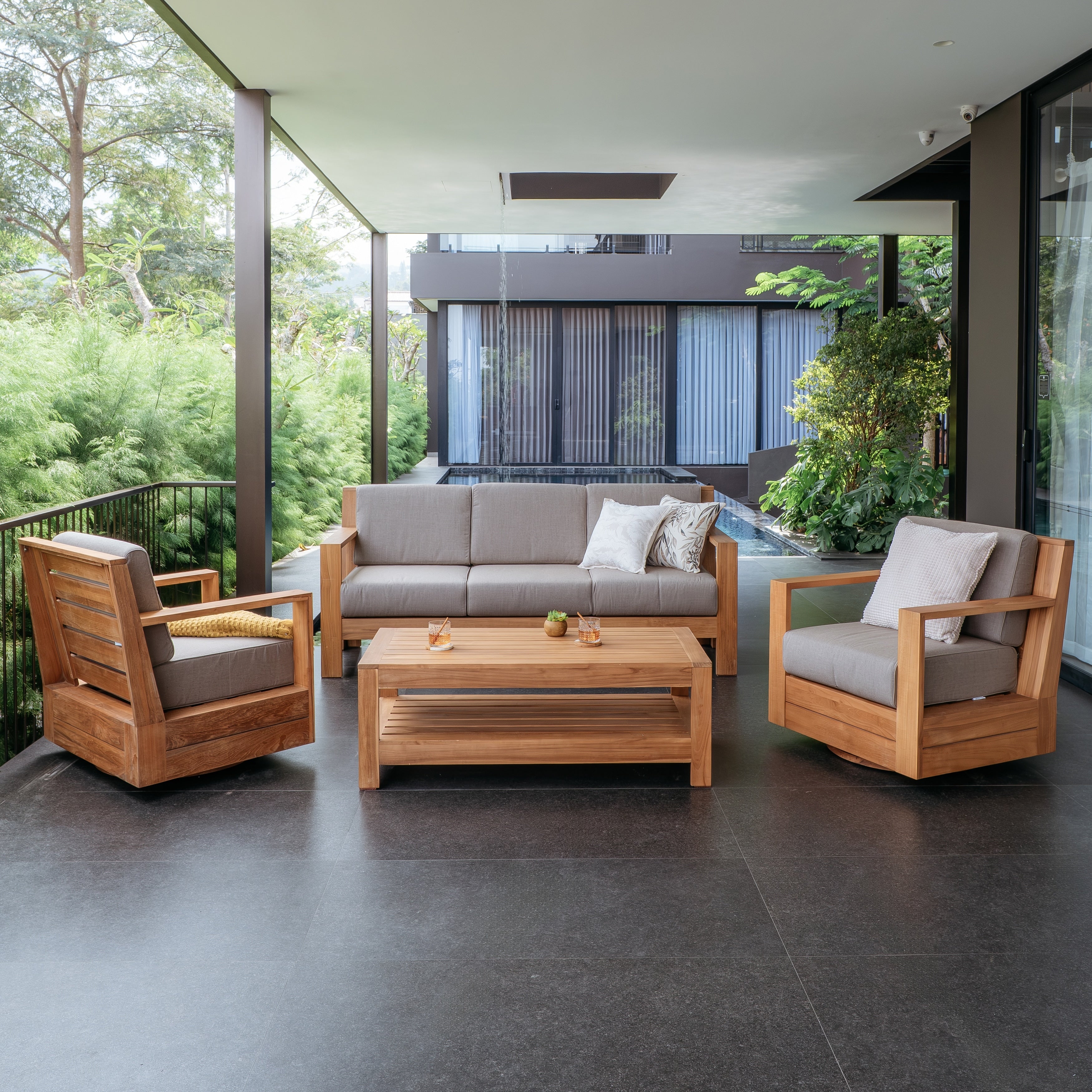 Cambridge Casual Logan 4 Piece Teak Patio Outdoor Conversation Set With Sunbrella Cushions.