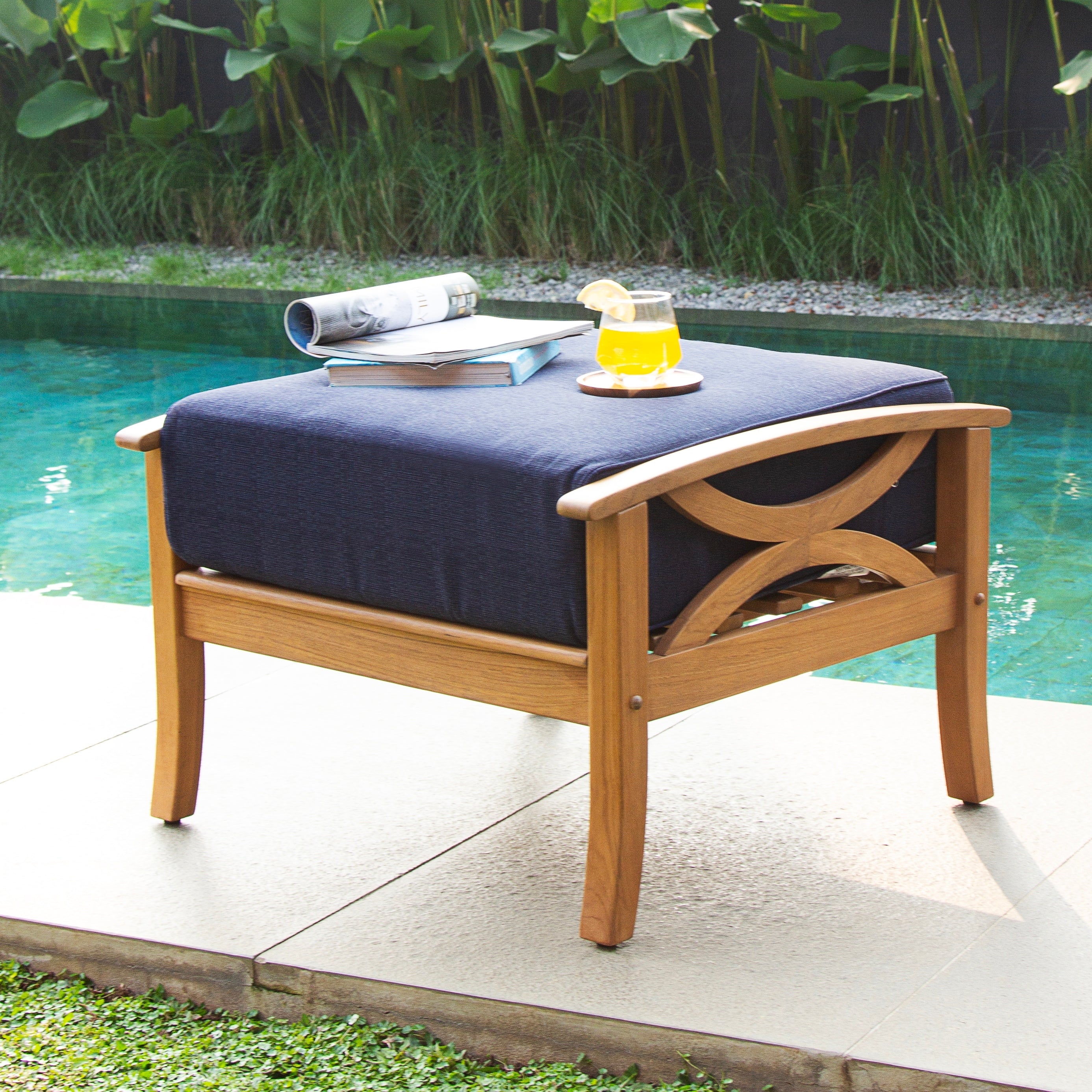 Havenside Home Lowell Teak Patio Ottoman With Cushion