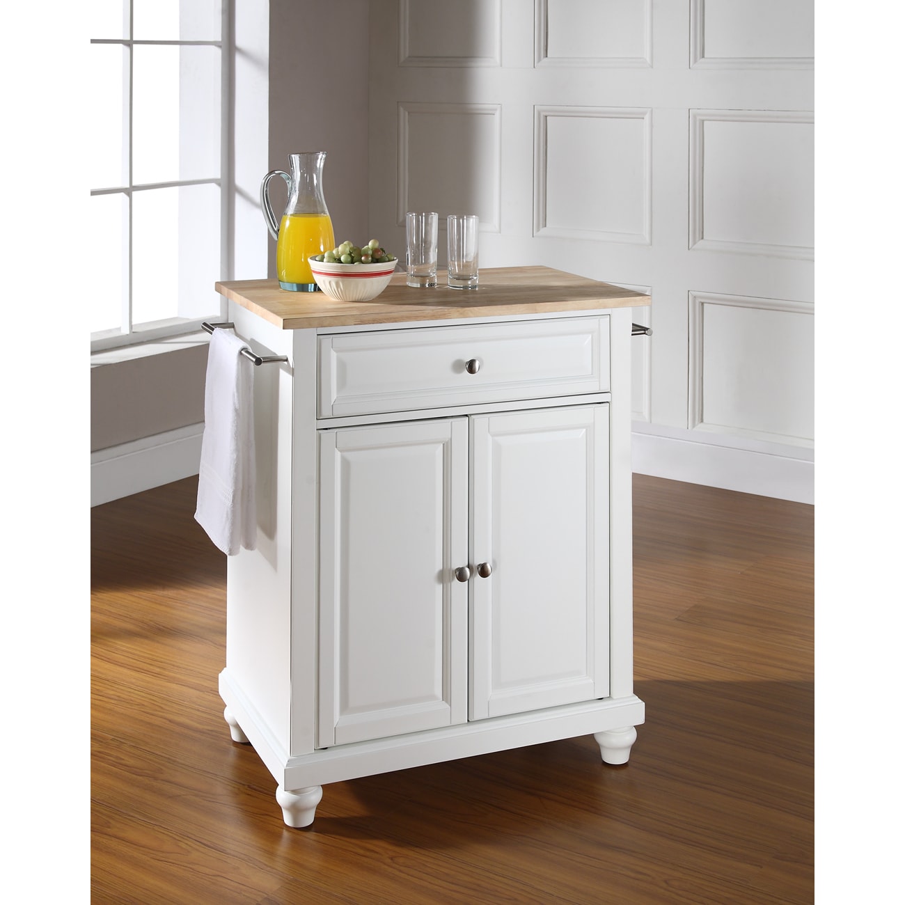 Cambridge Natural Wood Top Portable Kitchen Island In White Finish