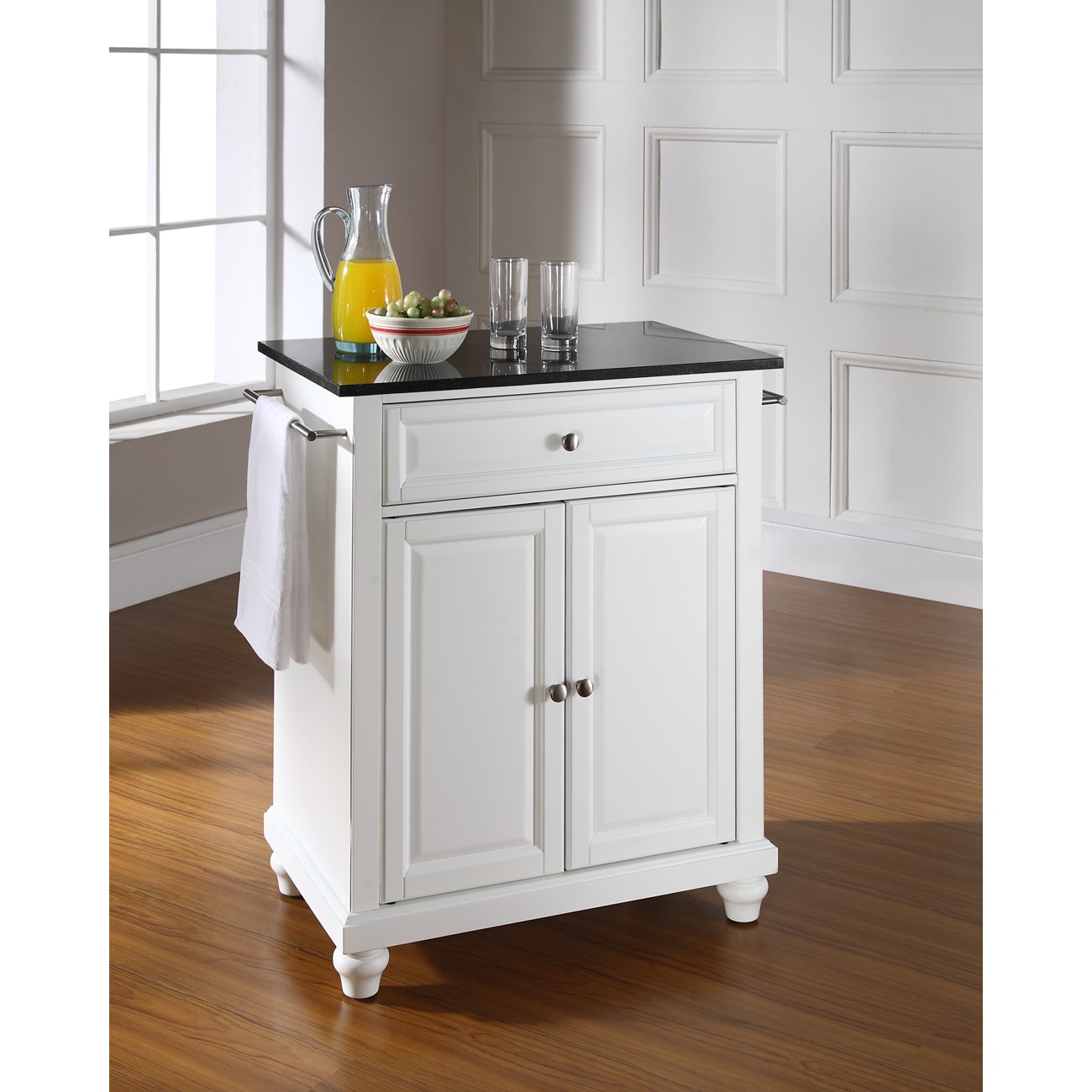 Cambridge Solid Black Granite Top Portable Kitchen Island In White Finish