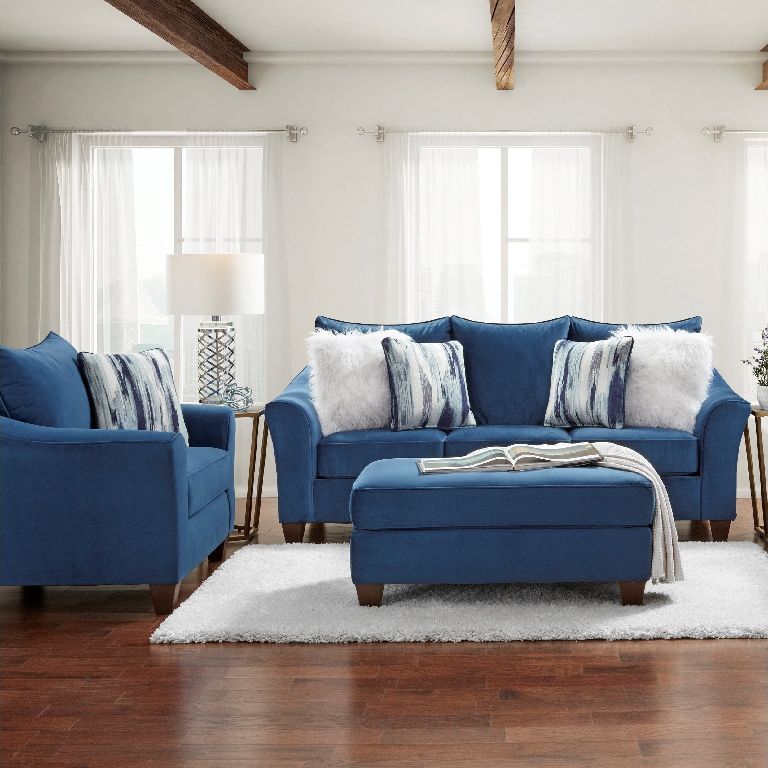 Camero Fabric Pillowback 3 Piece Sofa Set In Navy Blue