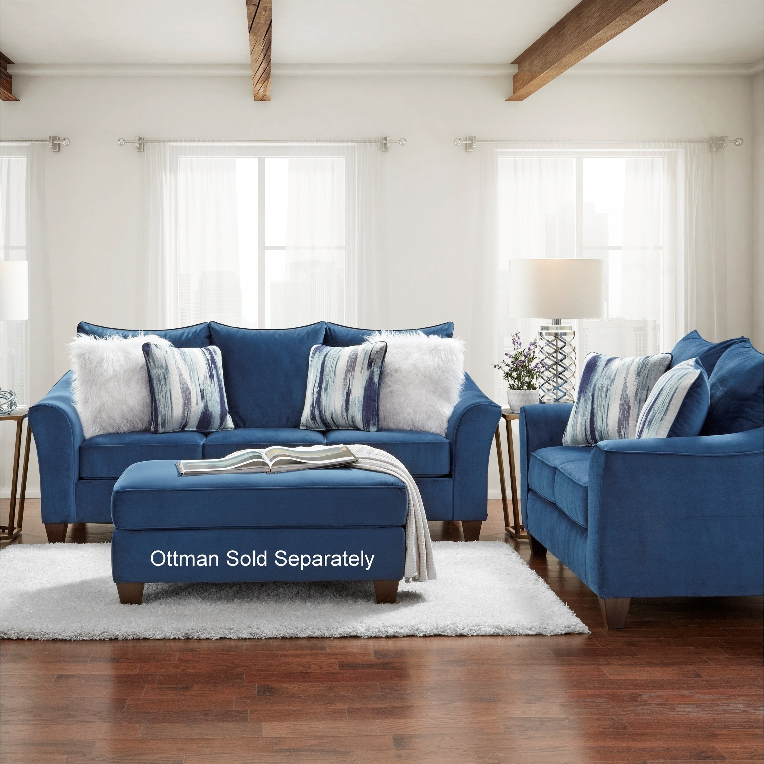 Camero Fabric Pillowback Sofa And Loveseat Set In Navy Blue