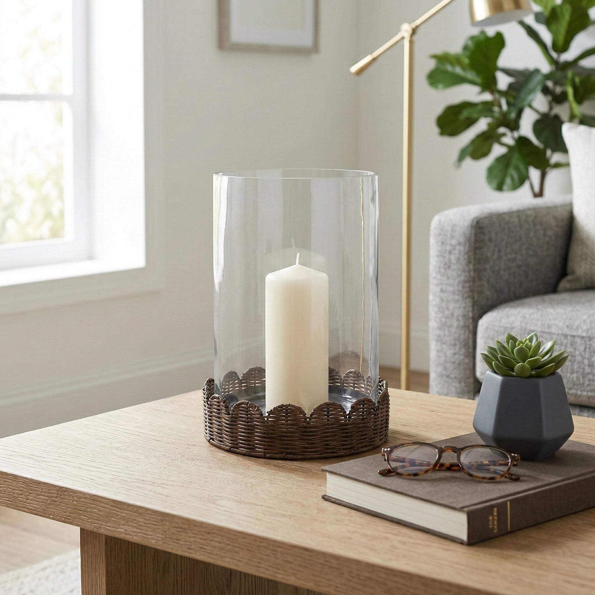 Candle Holder Brown Glass Hurricane On Scallop Base