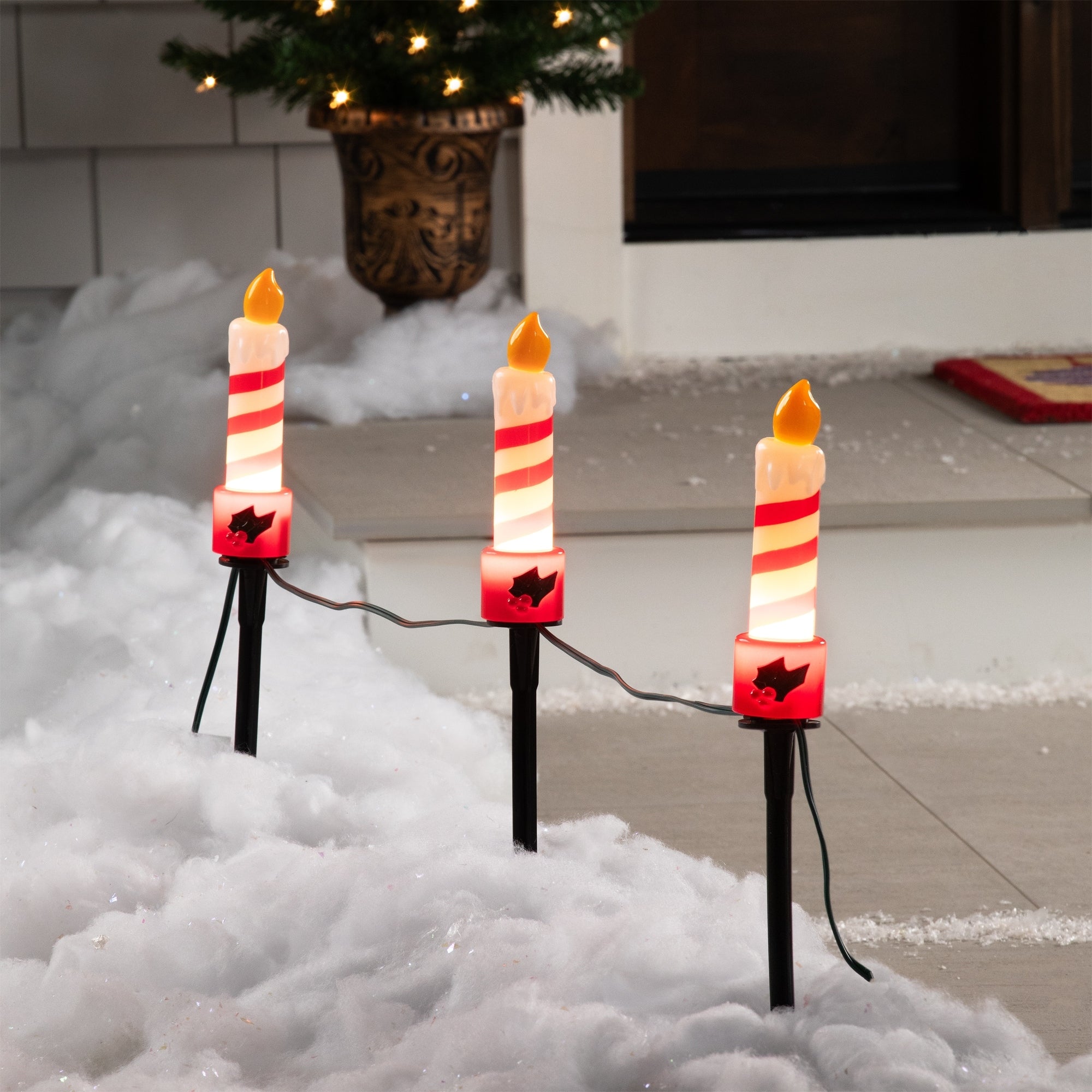 Candle With Holly Outdoor Christmas Pathway Markers 17.25 Set Of 3 Red