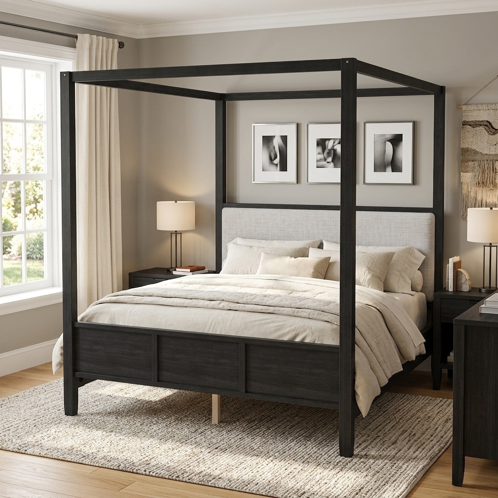 Canopy Wood Platform Bed With Linen Upholstered Headboard By Harper Bright Designs