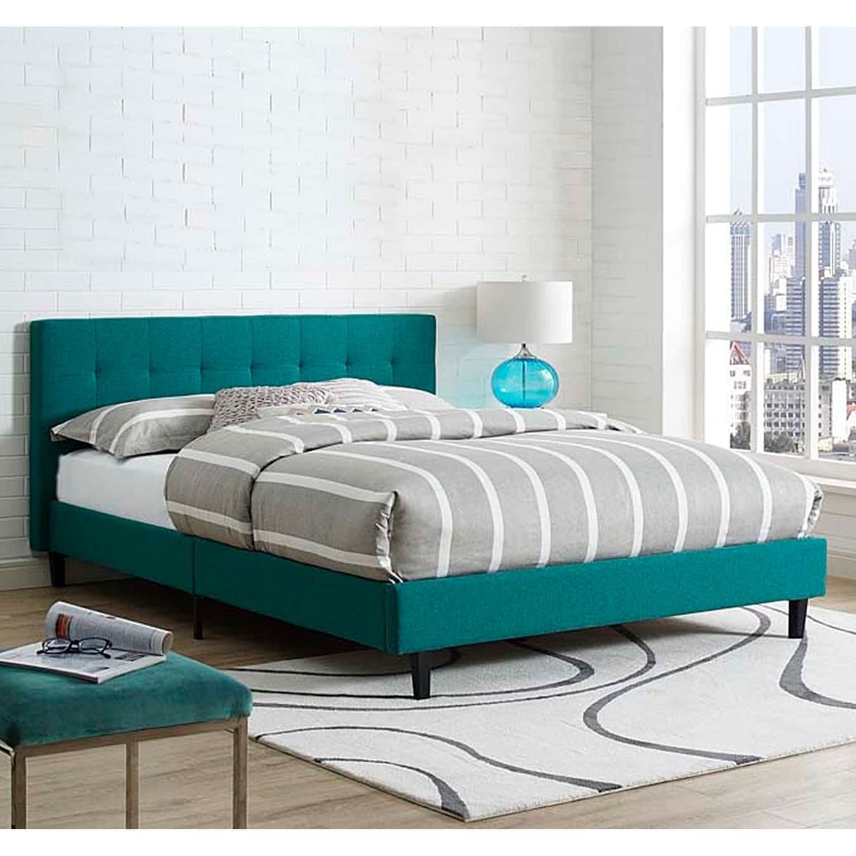 Canton Queen Size Teal Fabric Platform Bed With Tufted Headboard
