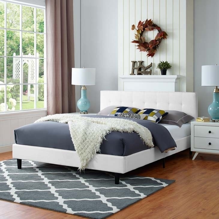 Canton Queen Size White Fabric Platform Bed With Tufted Headboard
