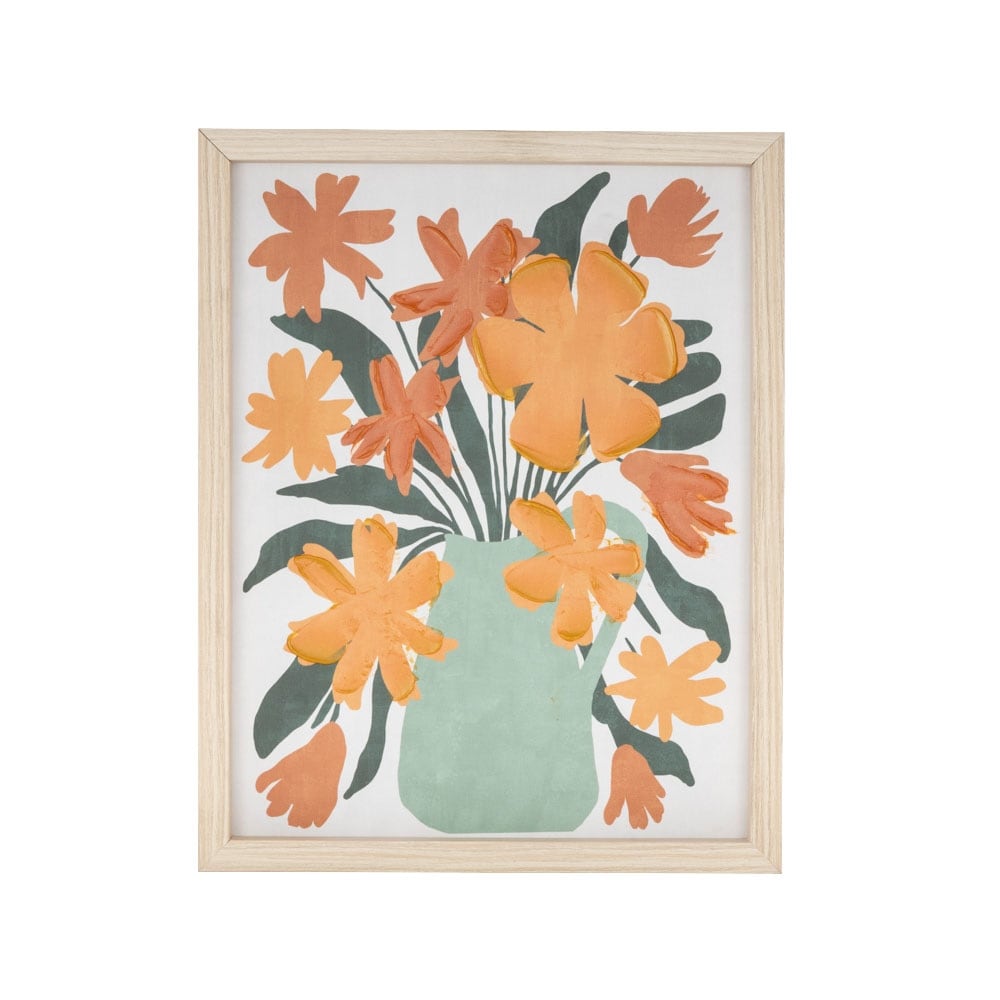 Canvas Floral Framed Wall Art With Green Leaves And Vase Orange Roche River Decor