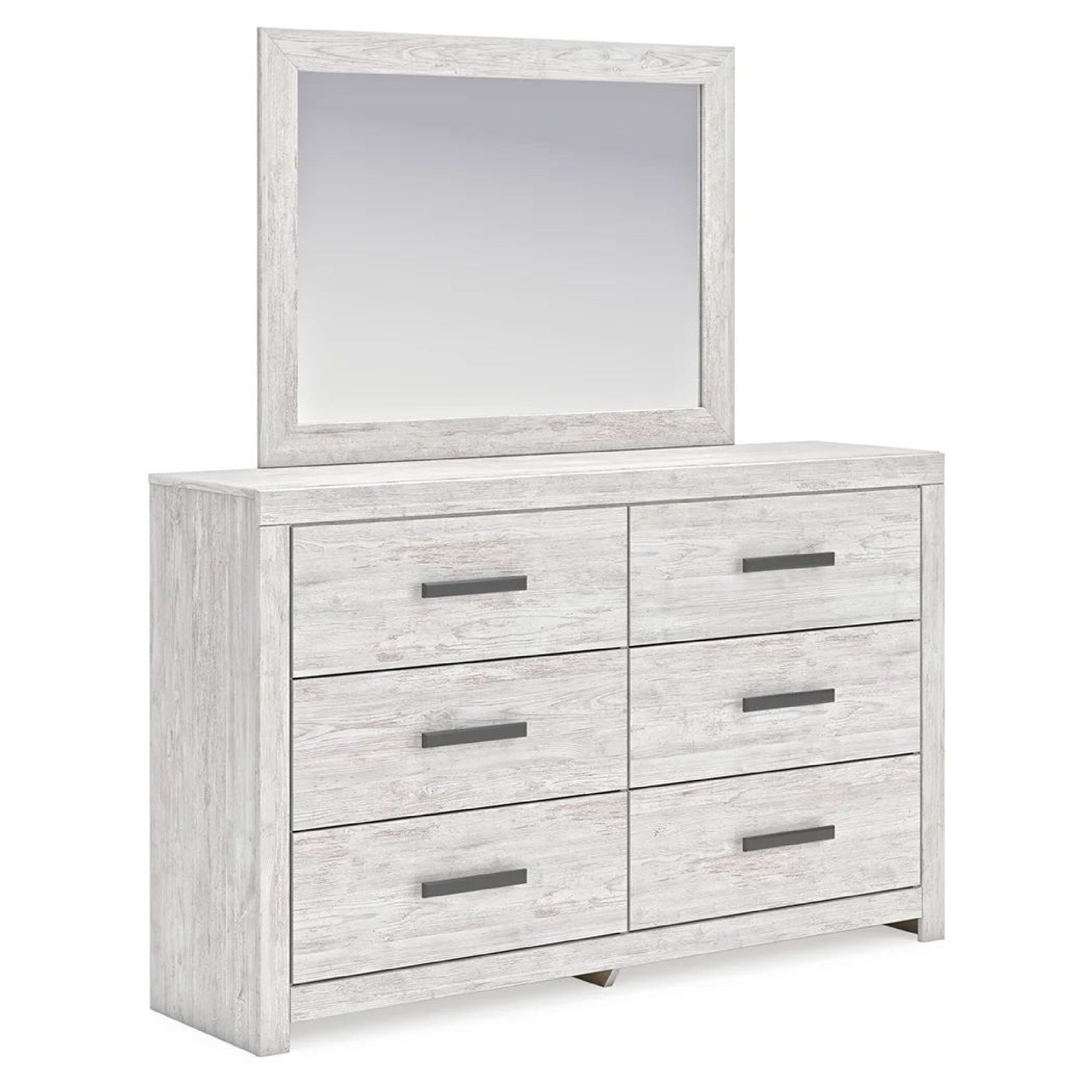 Cany 2Pc Dresser And Mirror Set 6 Drawers Black Handles Whitewash