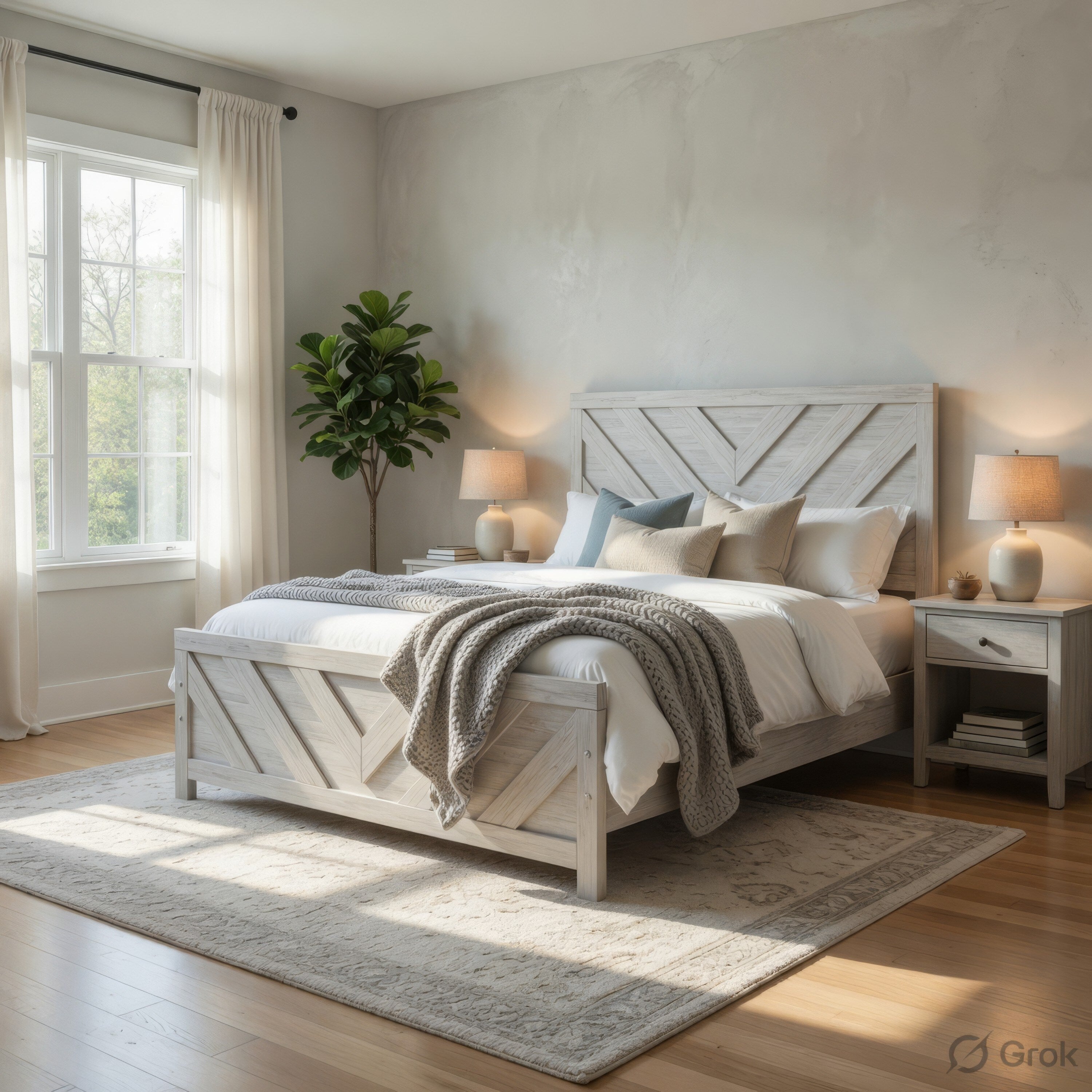 Cany Queen Size Bed Chevron Pattern Panel Headboard Whitewash