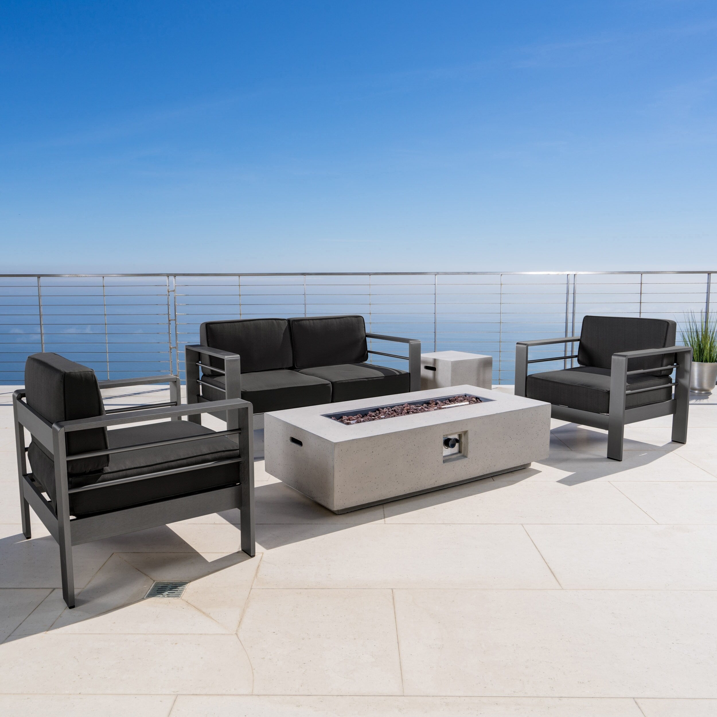 Cape Coral Outdoor Aluminum 5 Piece Chat Set With Cushions Fire Table By Christopher Knight Home