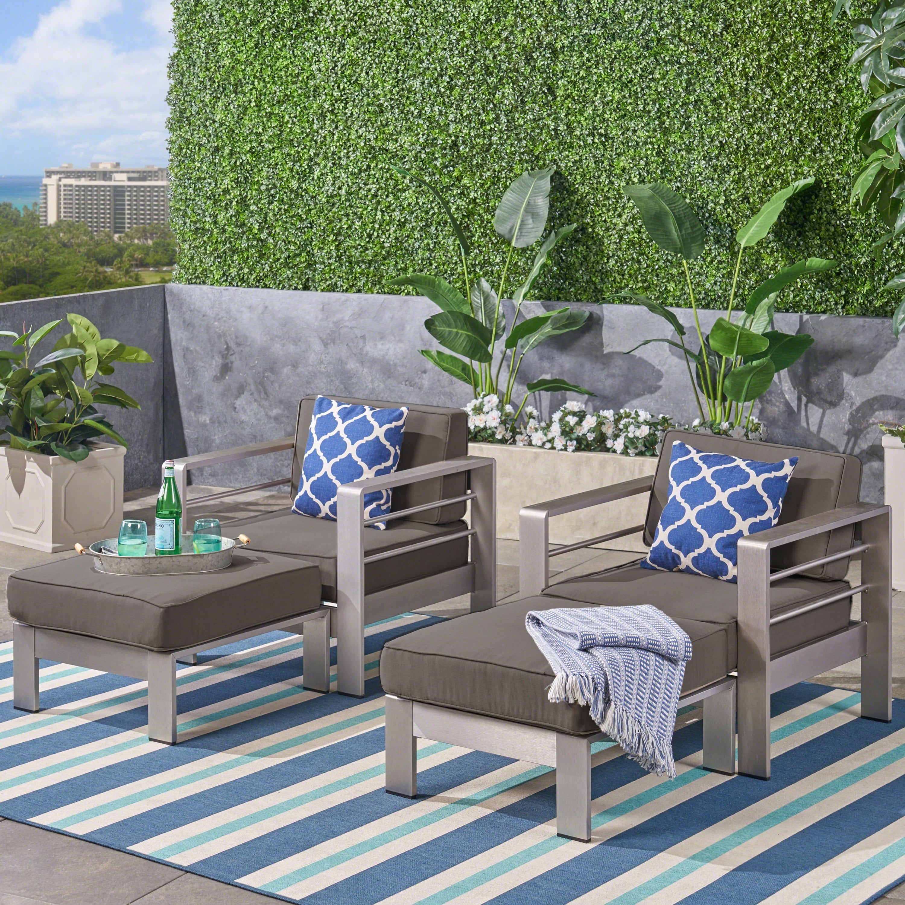 Cape Coral Outdoor 2 Seater Aluminum Club Chair Chat Set With Ottomans By Christopher Knight Home