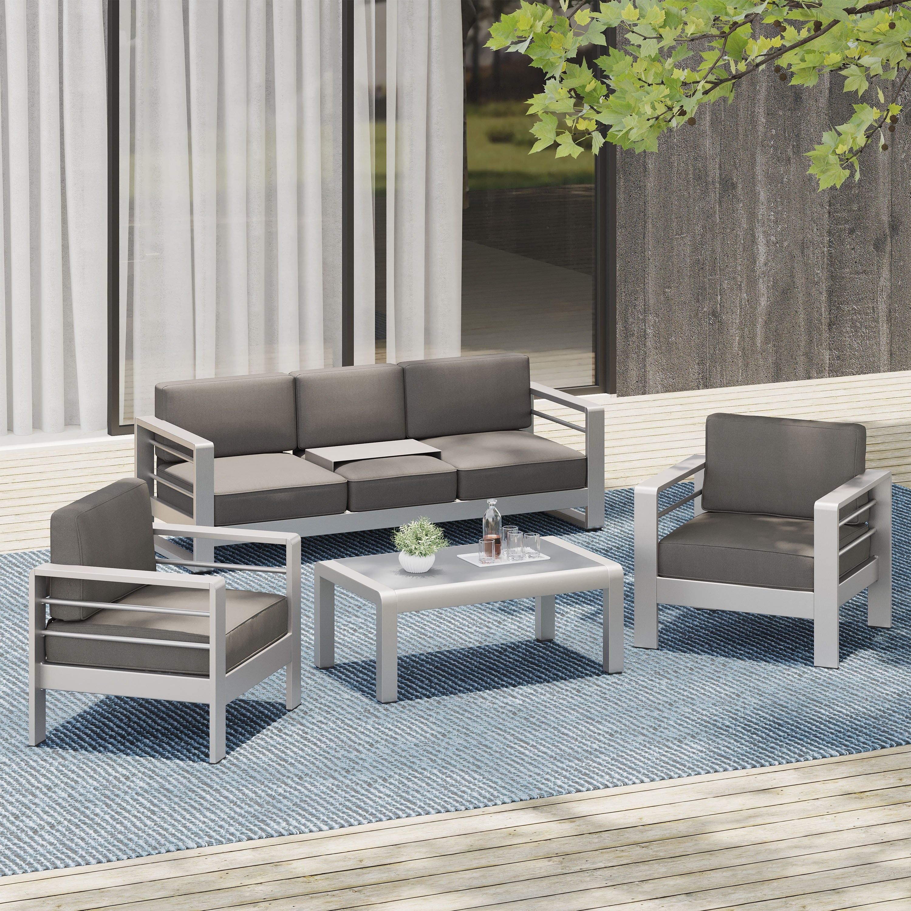 Cape Coral Outdoor Aluminum 4 Piece Chat Set With Cushion By Christopher Knight Home