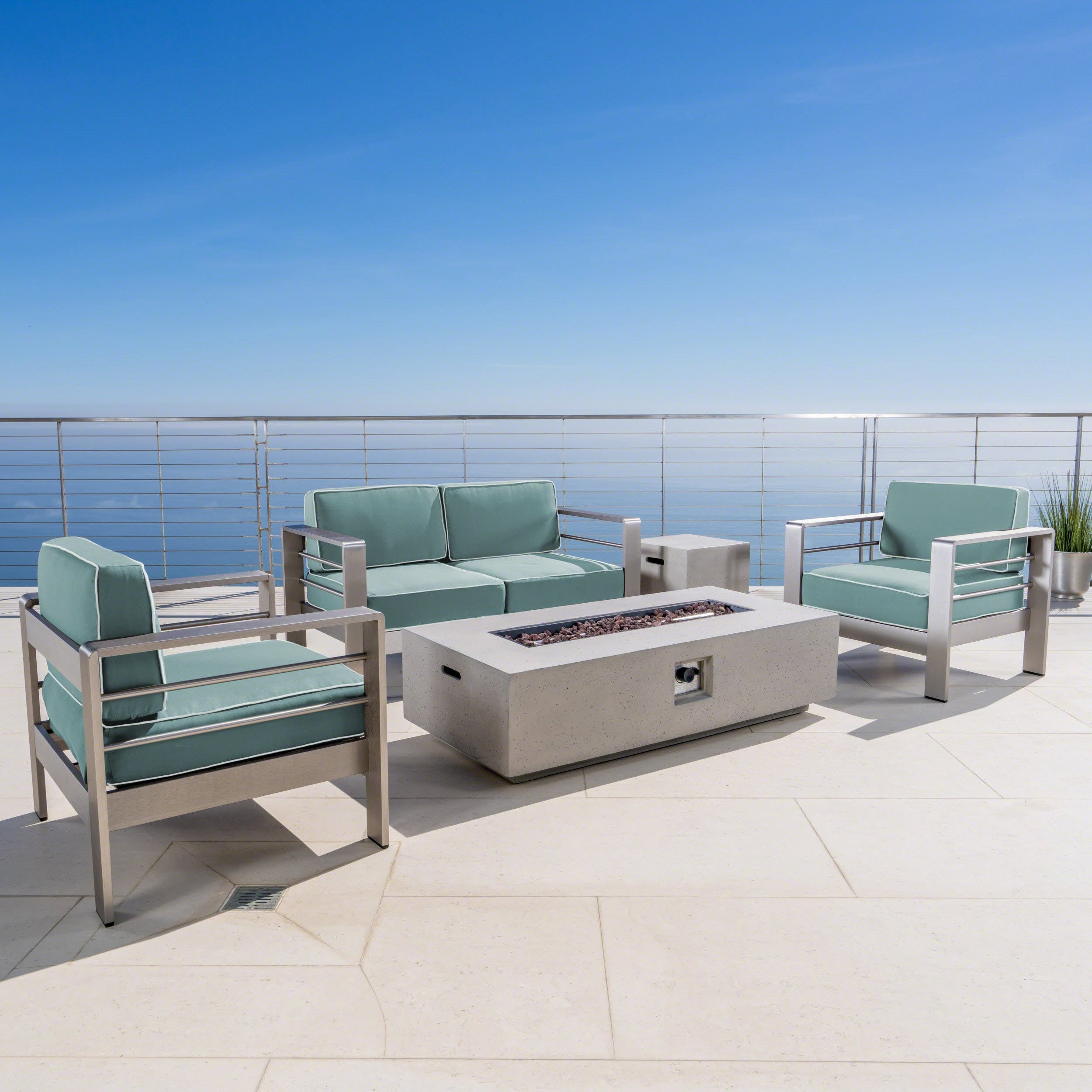Cape Coral Outdoor 5 Piece Chat Set With Fire Table And Optional Sunbrella Cushions By Christopher Knight Home
