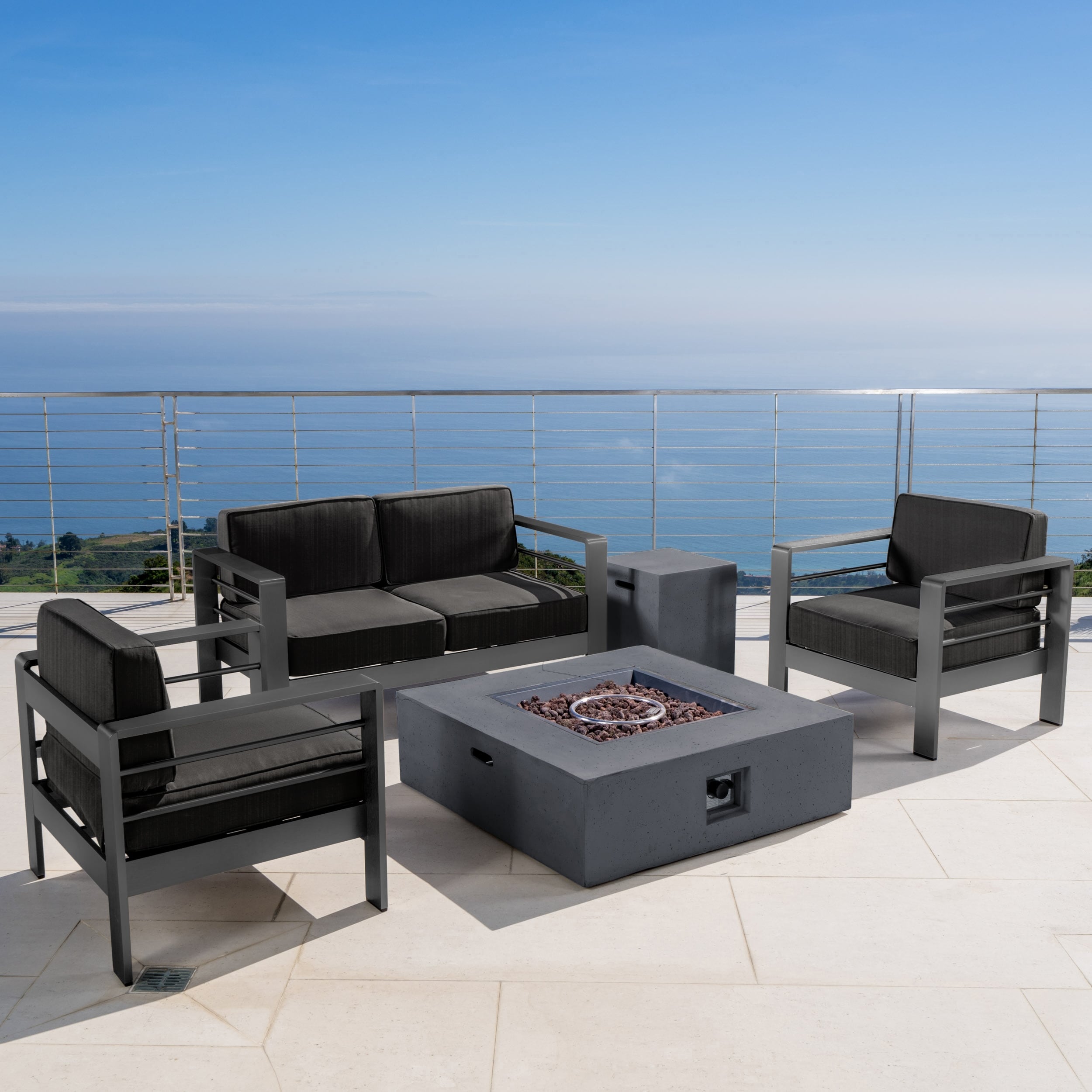 Cape Coral Outdoor Aluminum 5 Piece Chat Set With Cushions Fire Table By Christopher Knight Home