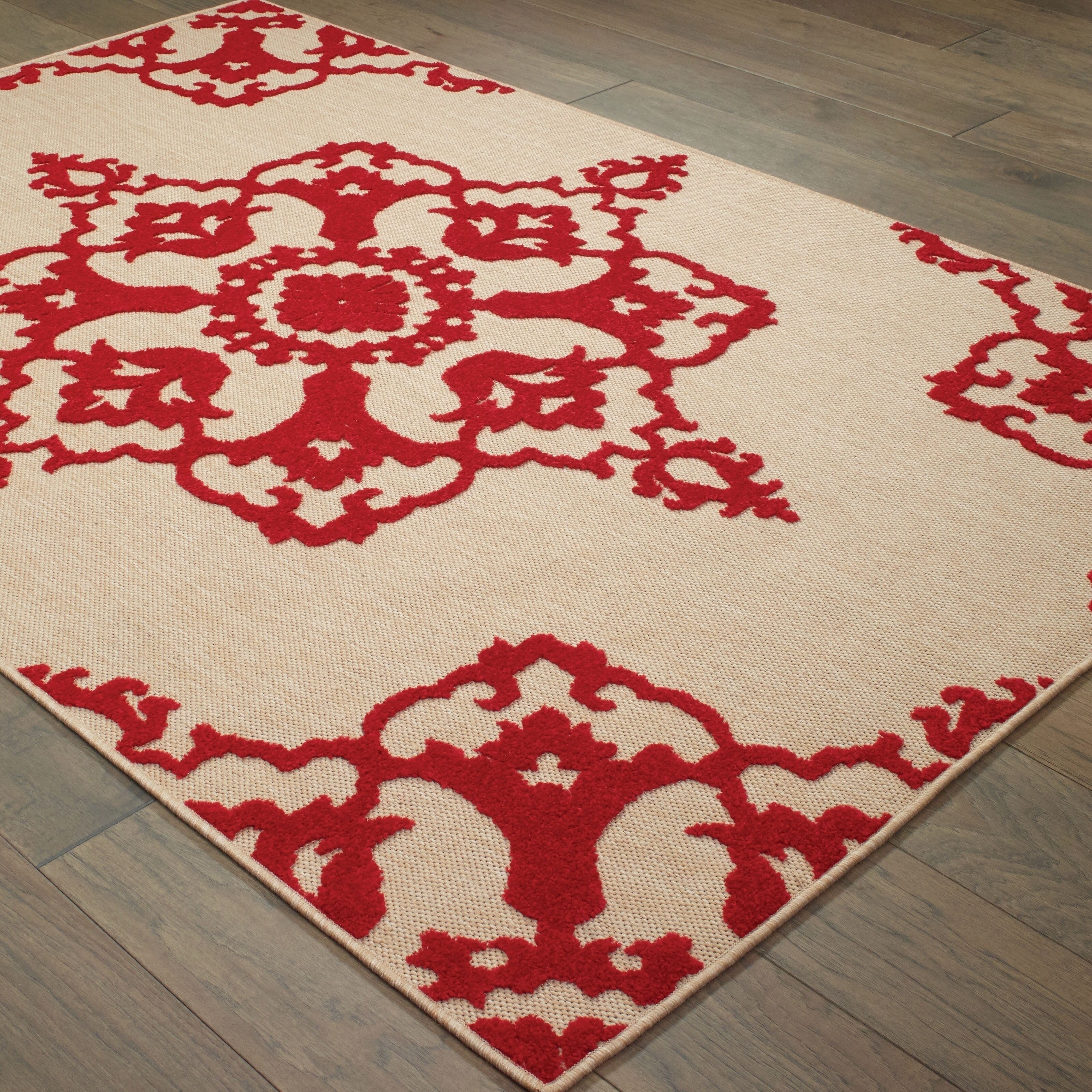 Mixed Pile Medallion Sand Red Indoor Outdoor Area Rug 910 X 1210