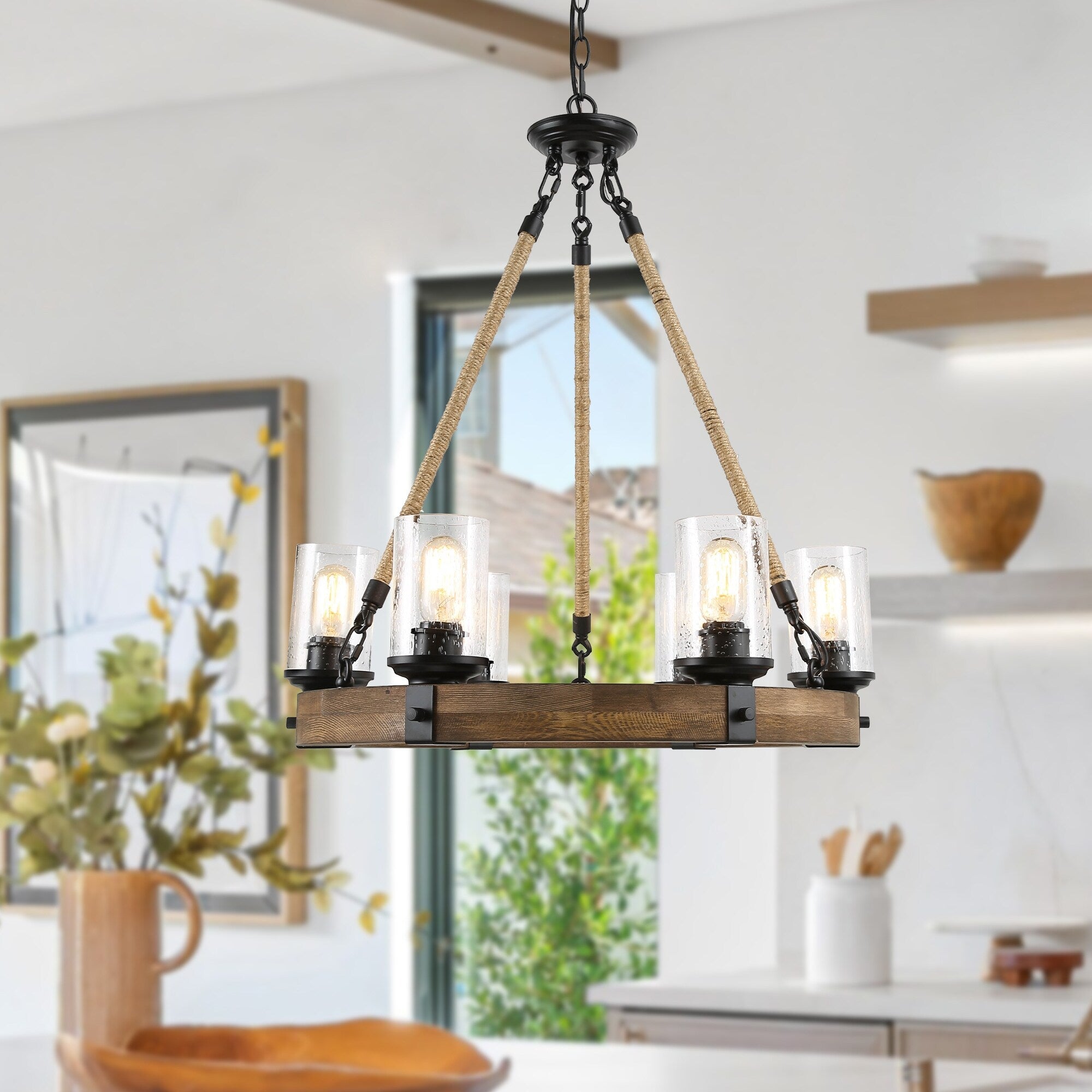 Carbon Loft Weeden 6 Light Rustic Wood Wagon Wheel And Glass Chandelier
