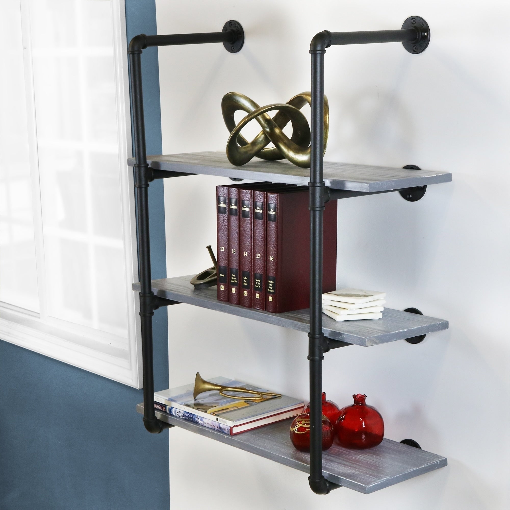 Carbon Loft Foronjy Black Pipe 3 Level Weathered Grey Floating Wooden Bookshelves