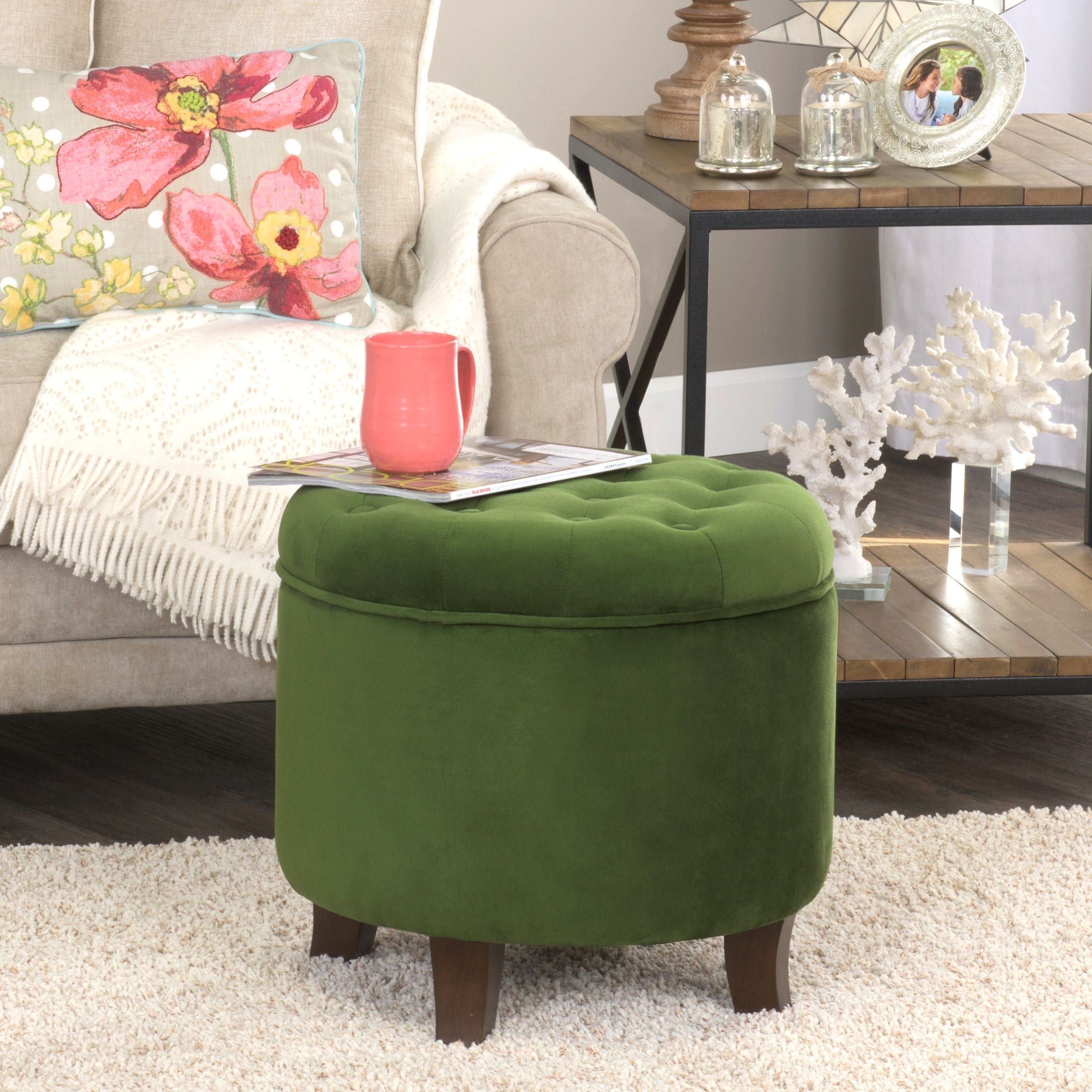 Homepop Velvet Round Storage Ottoman Forest Green