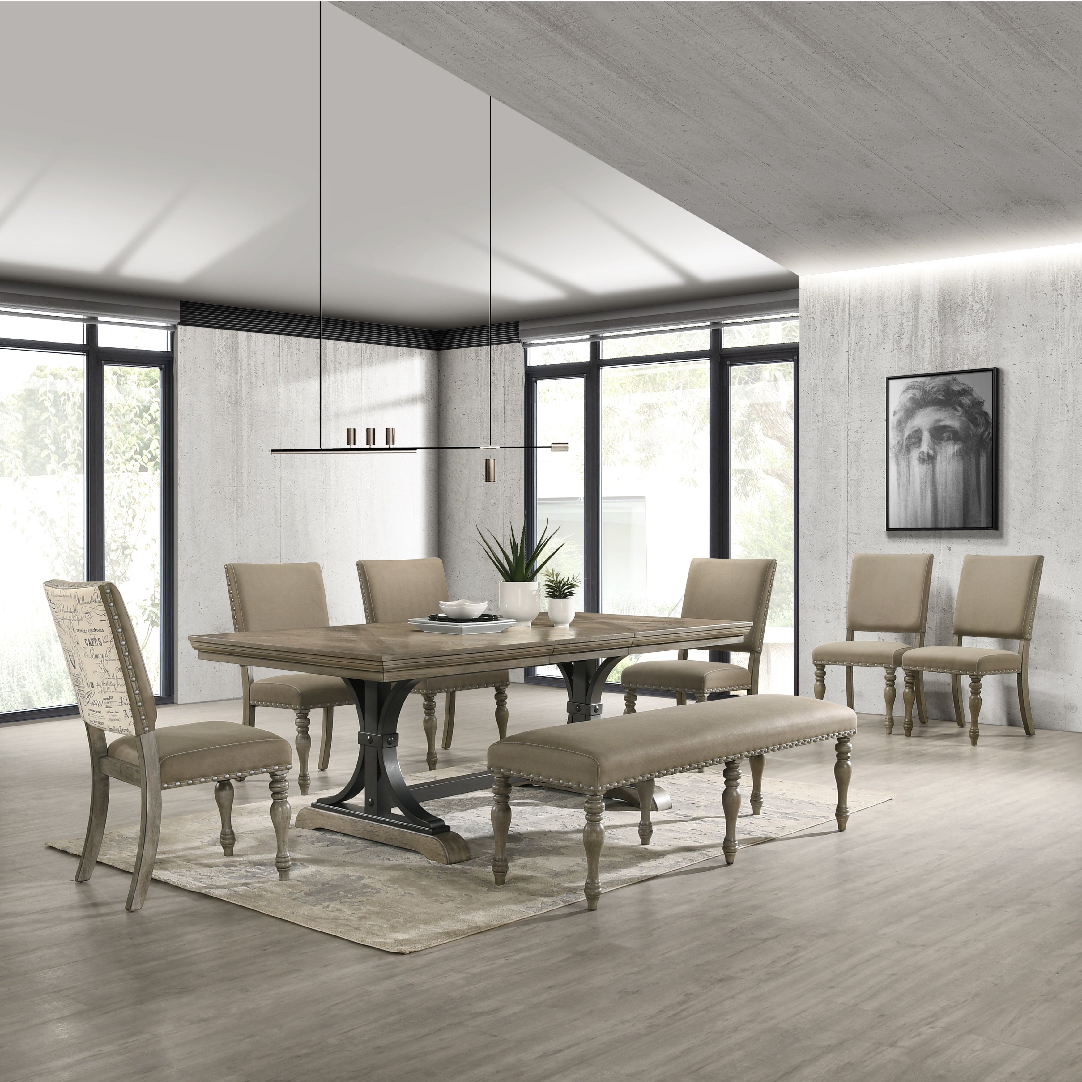 Birmingham Nailhead 8 Piece Table With Nail Head Bench Dining Set Driftwood