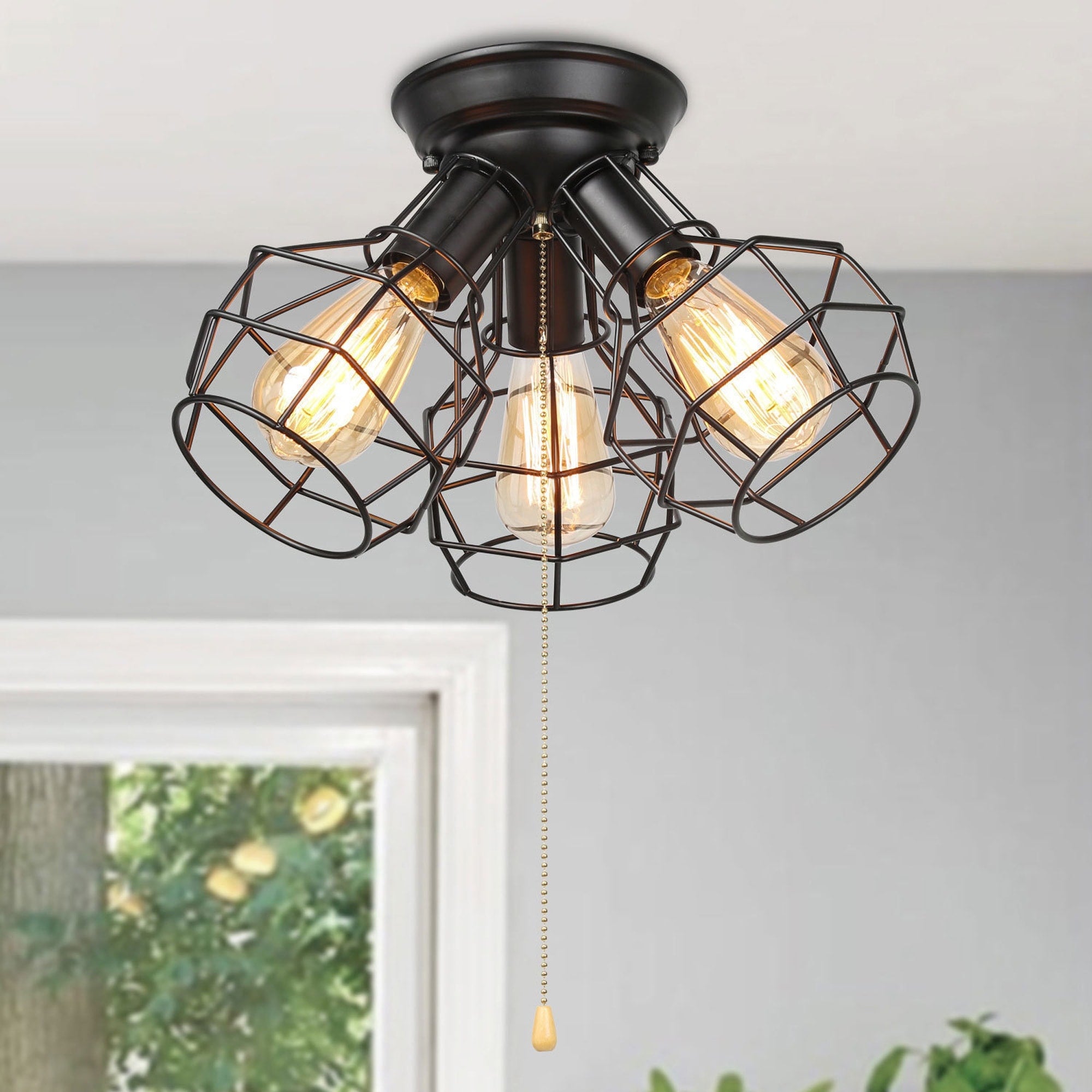 Carbon Loft Memnet Wire Cage 3 Light Pull String Flush Mount Ceiling Lights