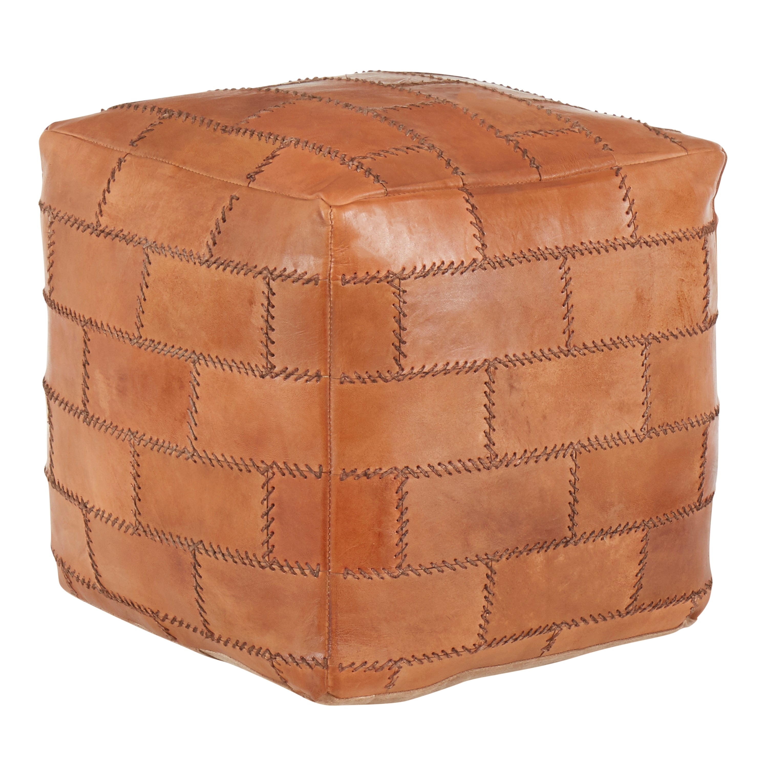 Cobbler Industrial Pouf Ottoman In Leather With Patchwork Stitching