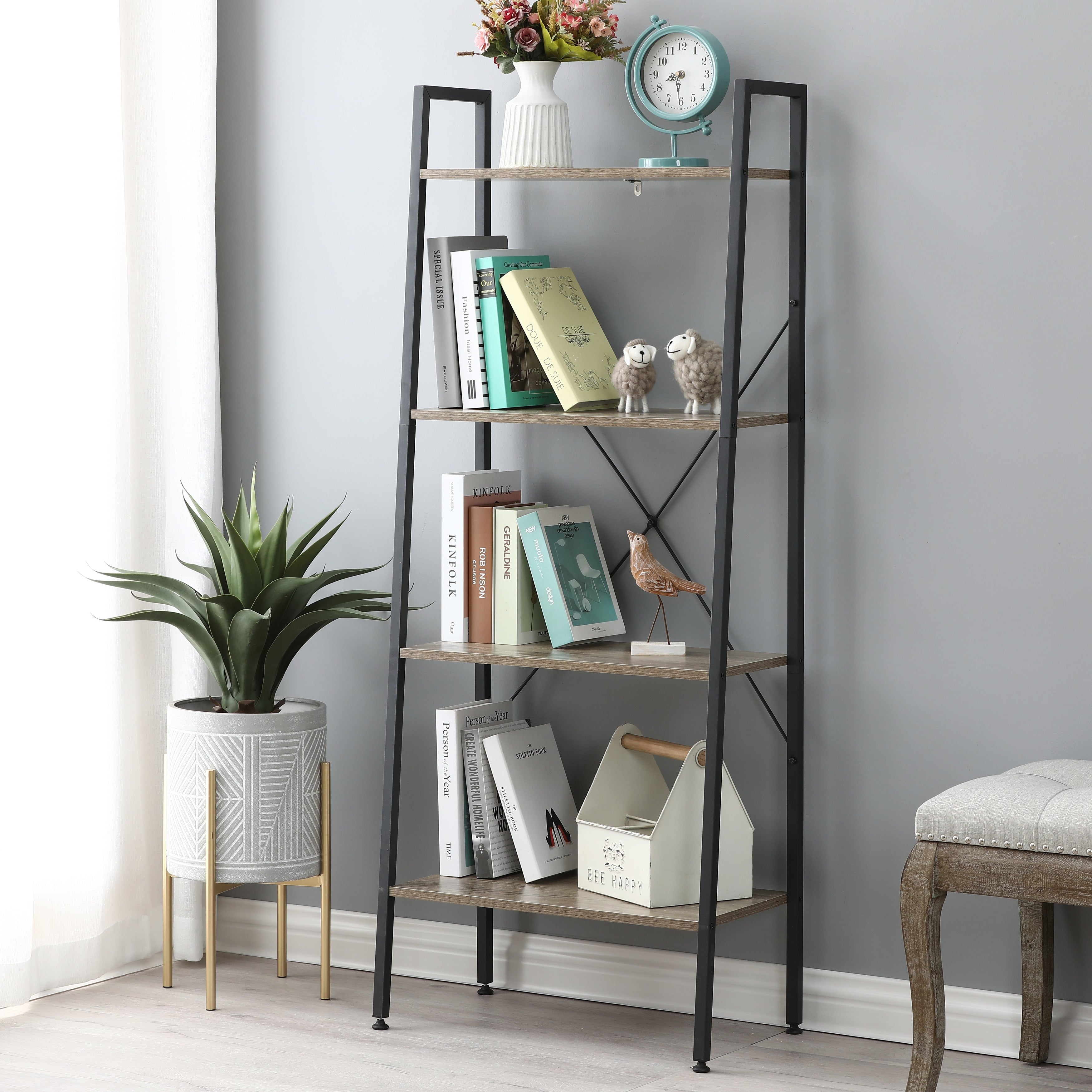 Carbon Loft Ogzewalla Wood And Metal Ladder Shelf 4 Tier Etagere