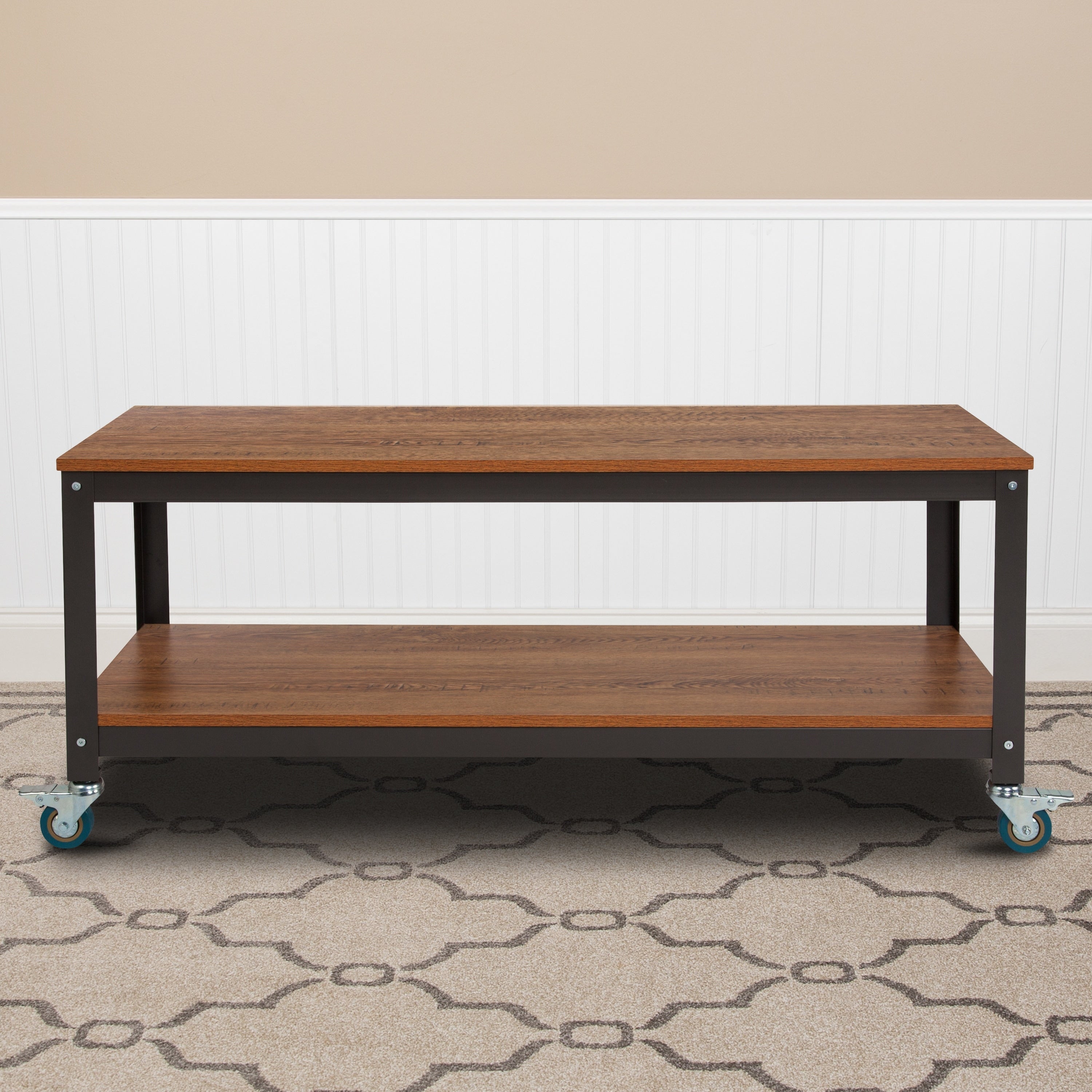 Lancaster Home Brown Oak Finish Laminate Tv Stand With Casters