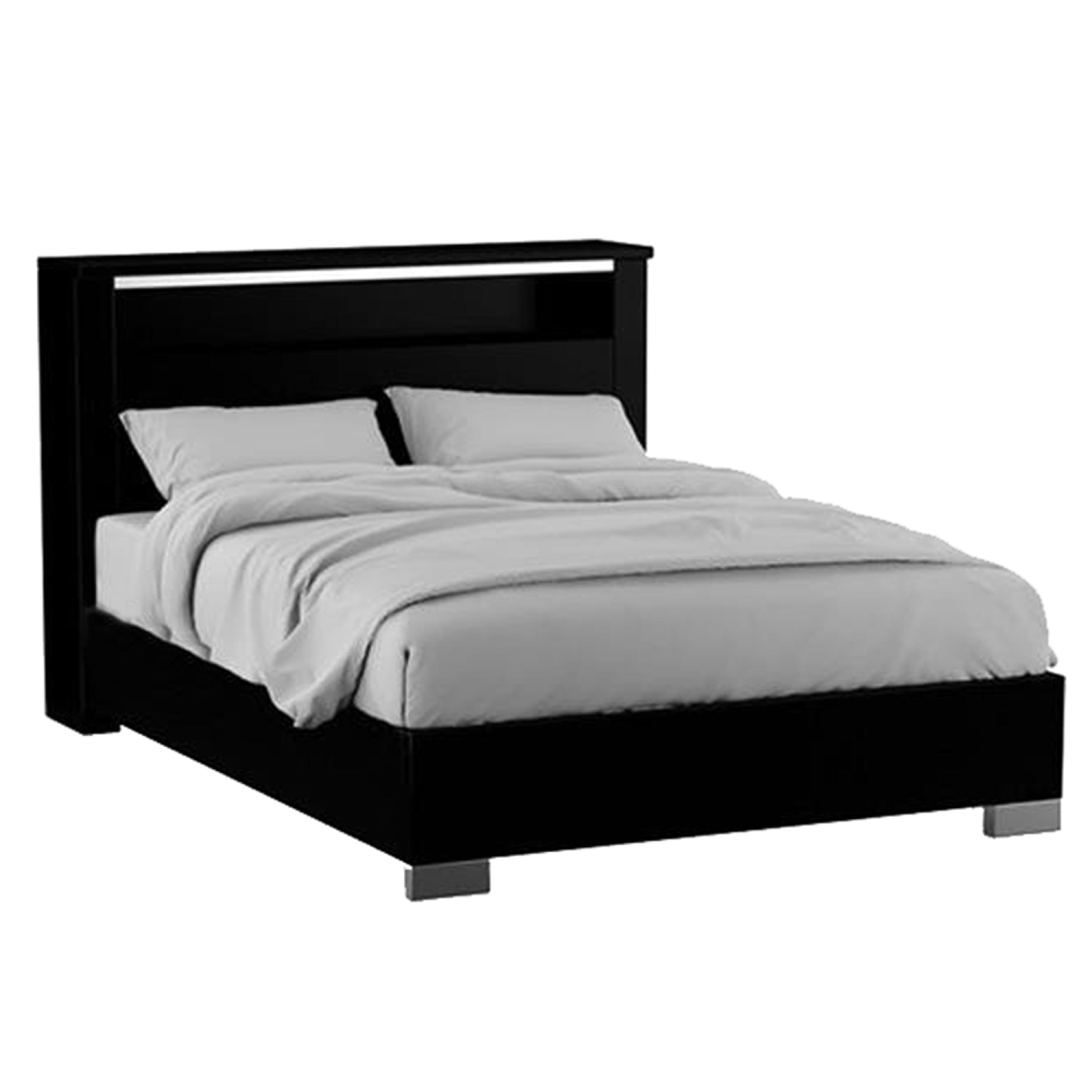 Cari King Size Bed W Led Lit Bookcase Shelf Black Chrome Solid Wood