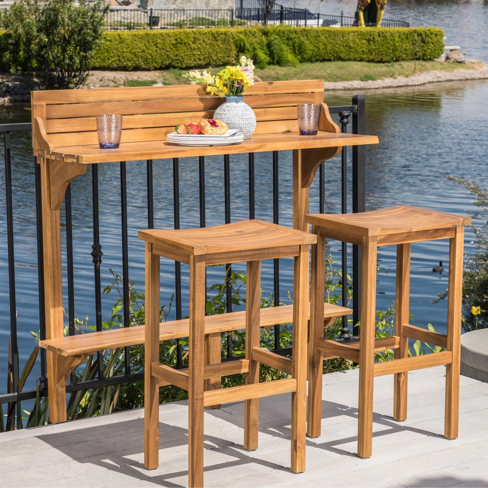 Caribbean Outdoor 3 Piece Acacia Wood Balcony Bar Set By Christopher Knight Home
