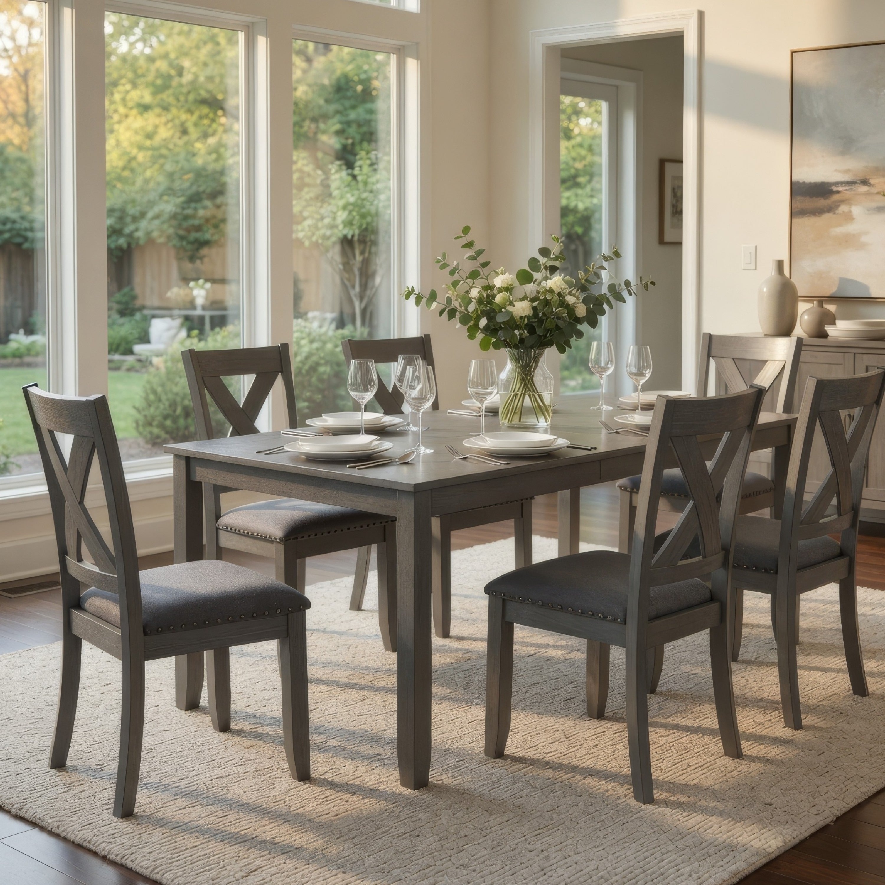 Carla 7Pc Dining Table Set 6 Chairs Nailhead Trim Farmhouse Gray Wood