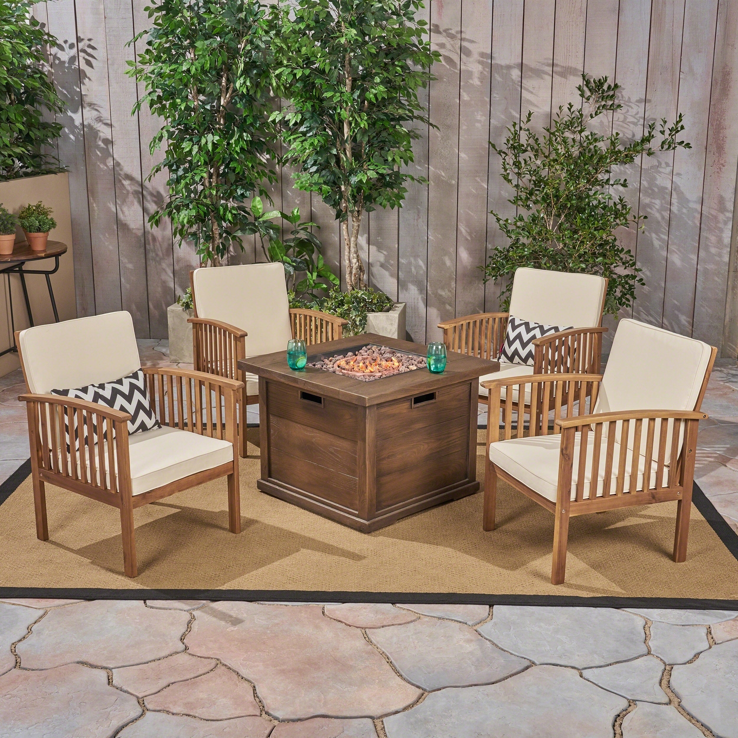 Carolina Outdoor 4 Seater Acacia Wood Club Chairs With Firepit By Christopher Knight Home