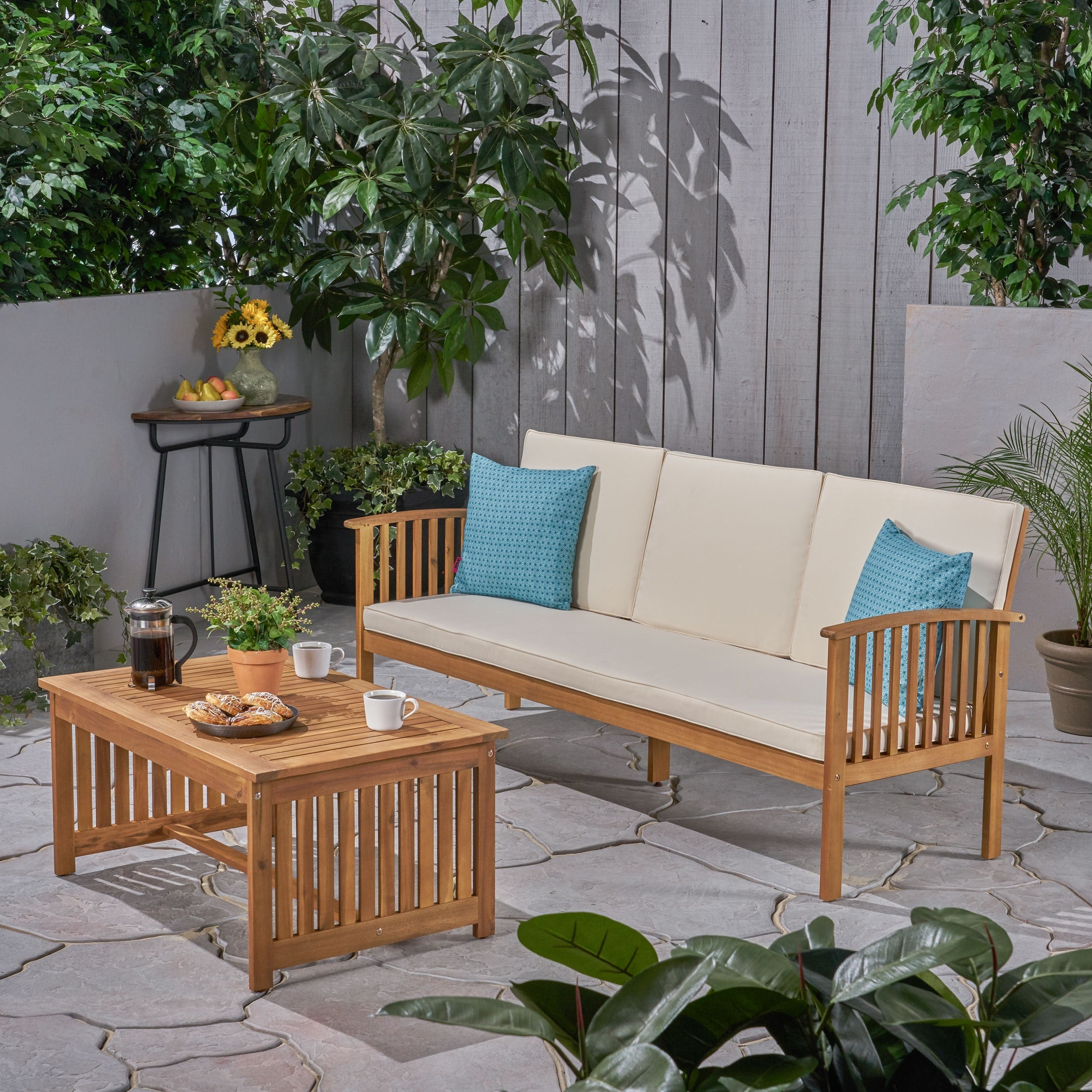 Carolina Outdoor Acacia Wood Sofa And Coffee Table Set By Christopher Knight Home